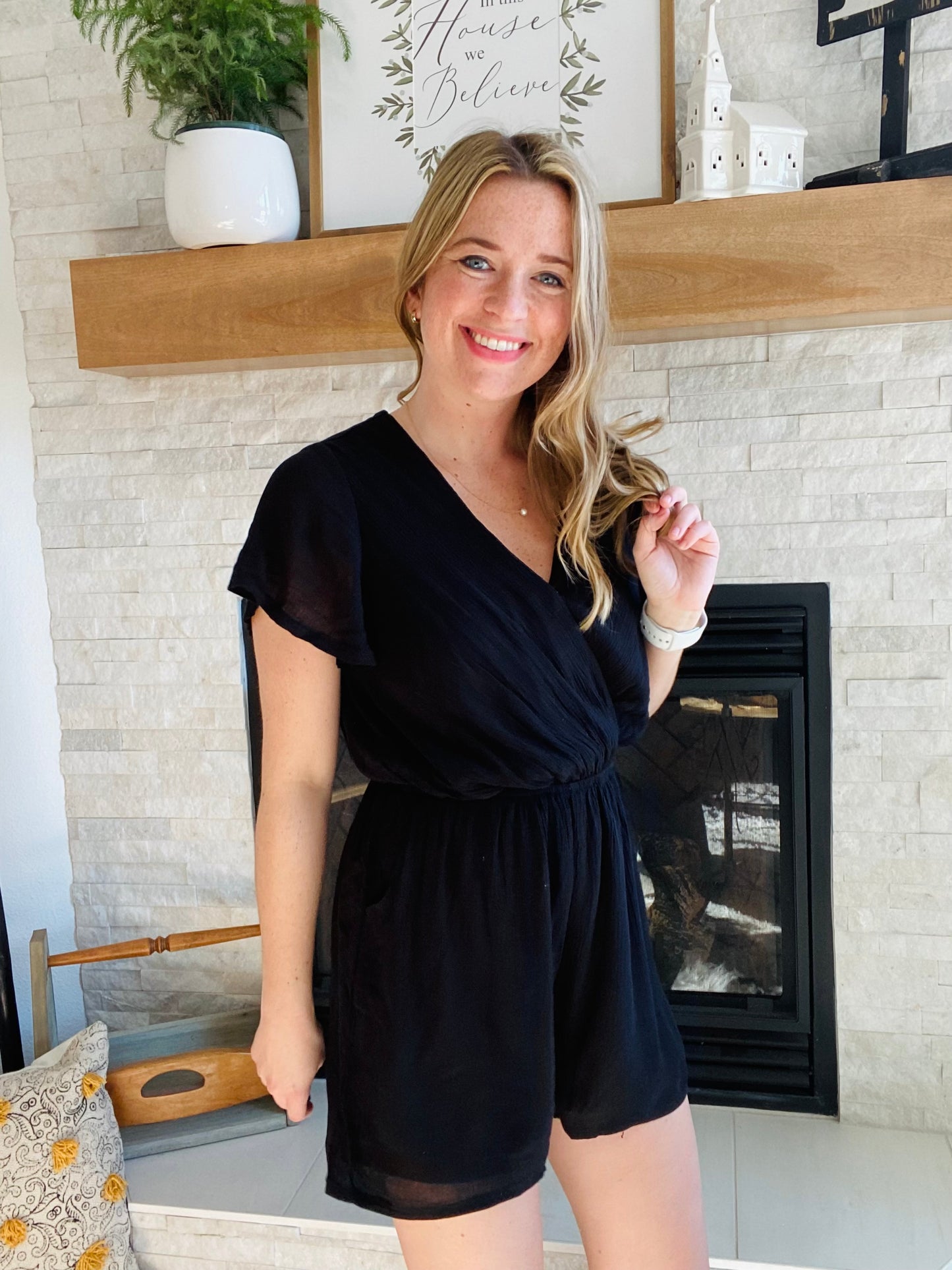 Black Wrap Flutter Sleeve Romper