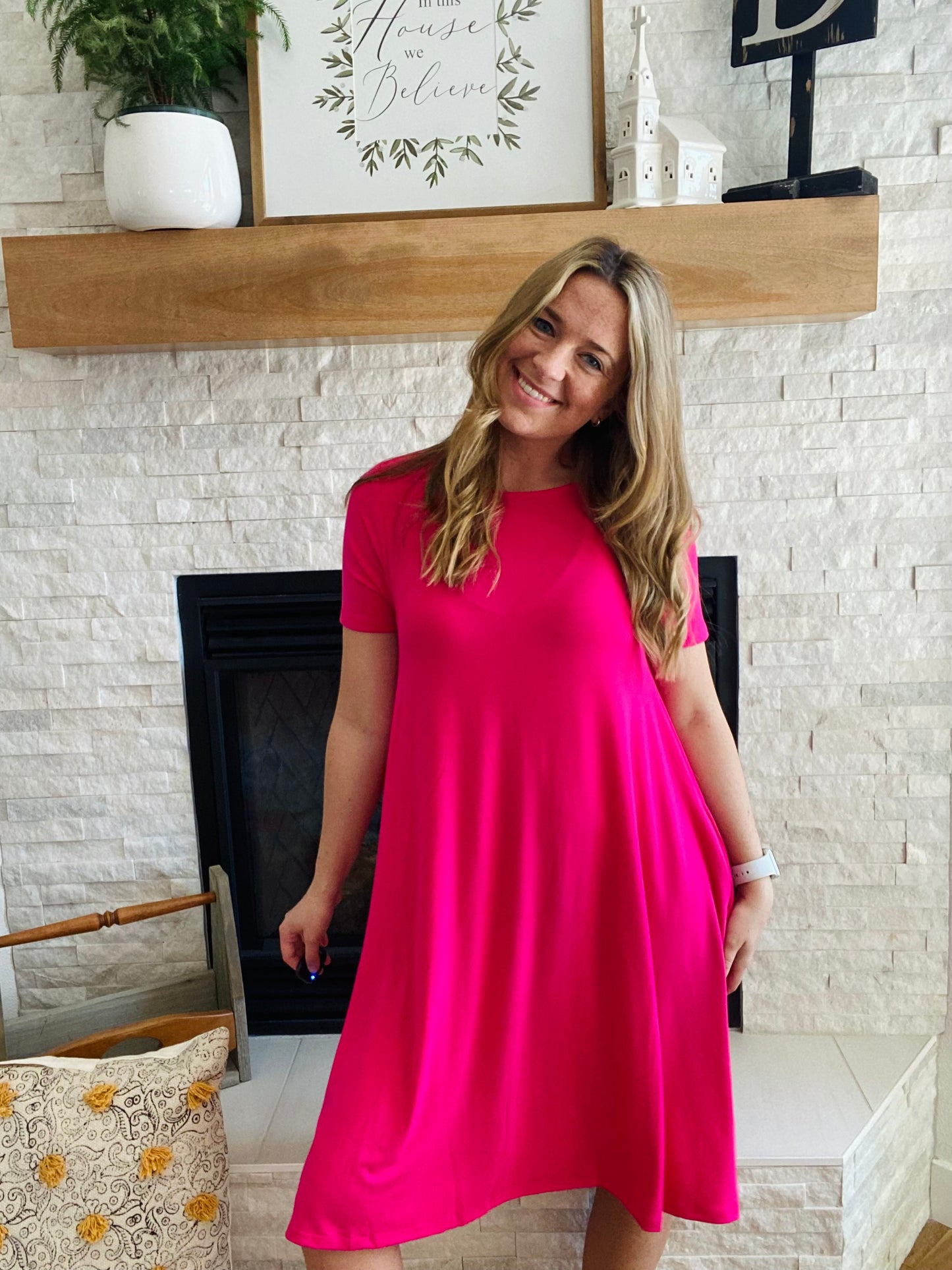 57% Polyester, 38% Rayon, 5% Spandex fits TTS - Sophie is 5'4" and wearing the small. The #1 summer wardrobe staple! Dress up with heals, a jean jacket, and fun jewelry or dress it down with sneakers or as a swim coverup!