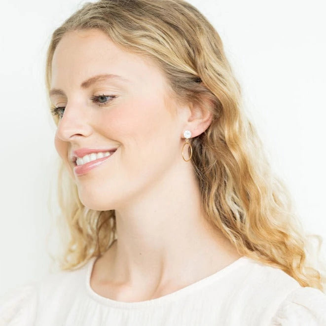 Our I Do Earrings are the cutest little earrings that look exactly like an engagement ring! These are perfect for engagement parties and beyond. Plus, bride or not, these earrings are perfect for wedding guests or just to add a formal touch to any look. Zircon stud posts on gold-plated brass 18k gold-plated stainless steel dainty loops