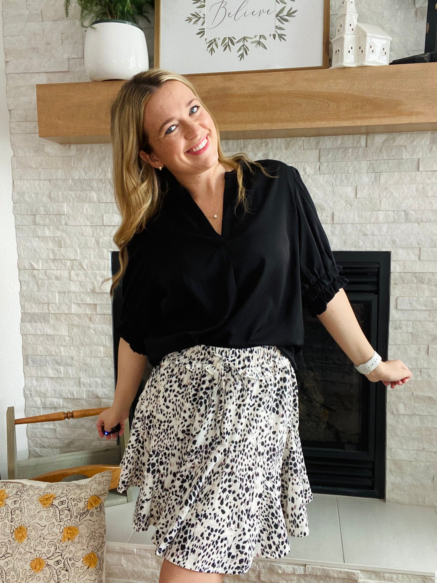 Bring the wild side to your wardrobe with this Leopard Print Mini Ruffle Skirt! From a distance, its bold black and white animal print screams "edgy and daring". But don't let that fool you - its lightweight fabric keeps you feeling breezy and comfortable, letting you break the rules at the office in style! Get ready to roar!