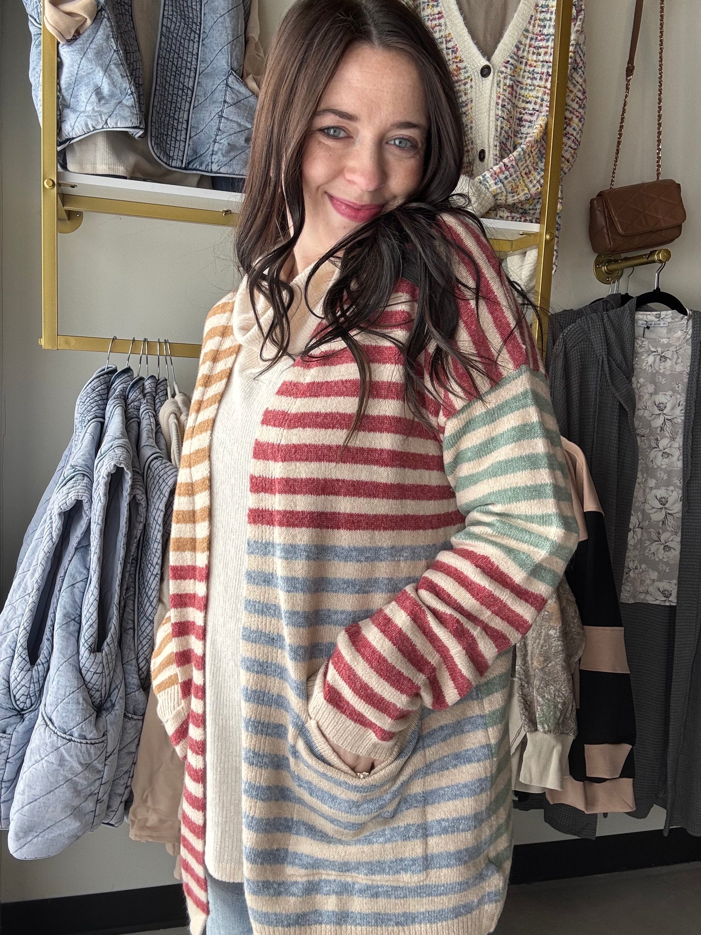 Camel Berry Color Block Cardigan