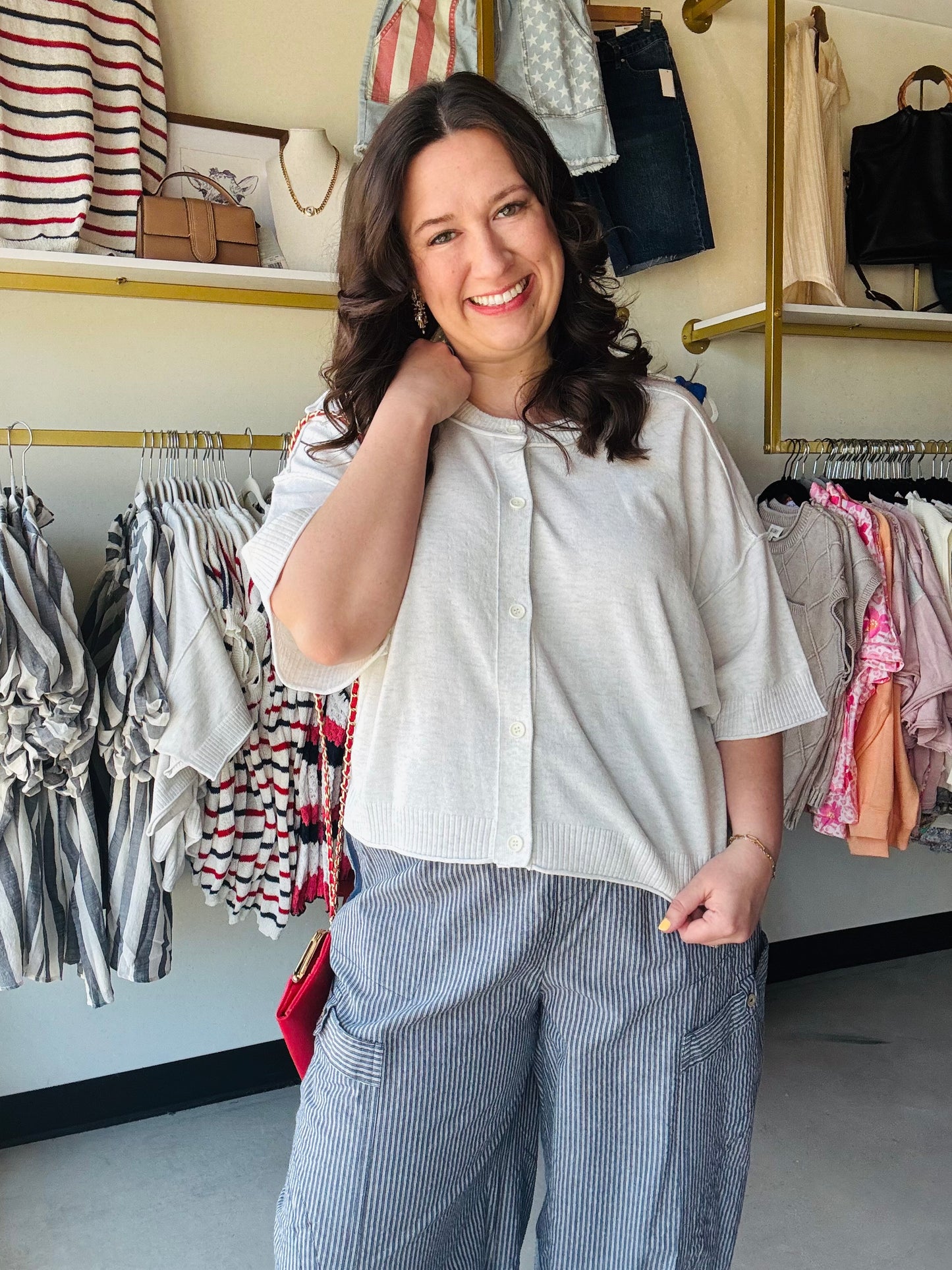 White Melange Half Sleeve Cardigan