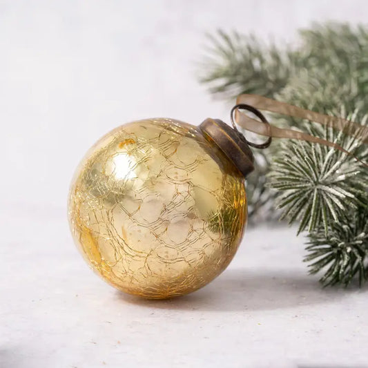 2" Medium Gold Crackle Glass Christmas Tree Bauble Ornament