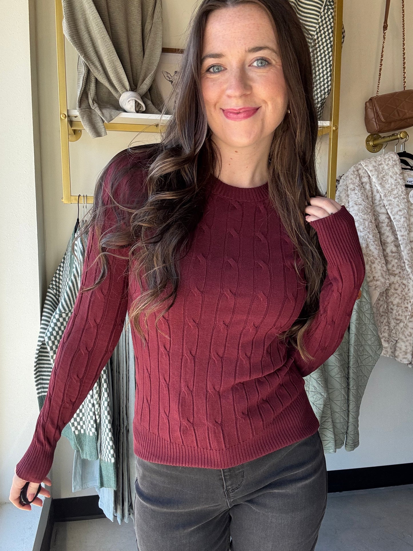 Burgundy Cable Knit Crewneck