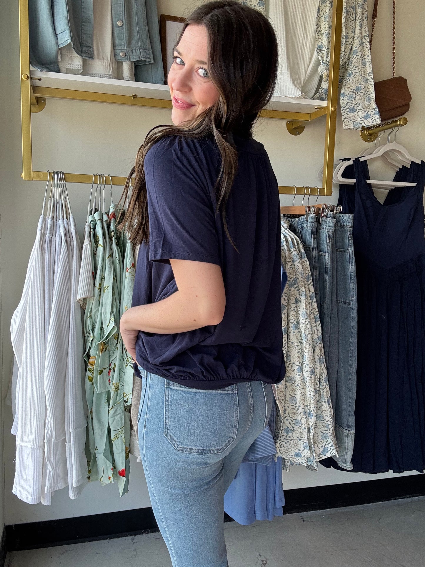 Navy Shirring Top