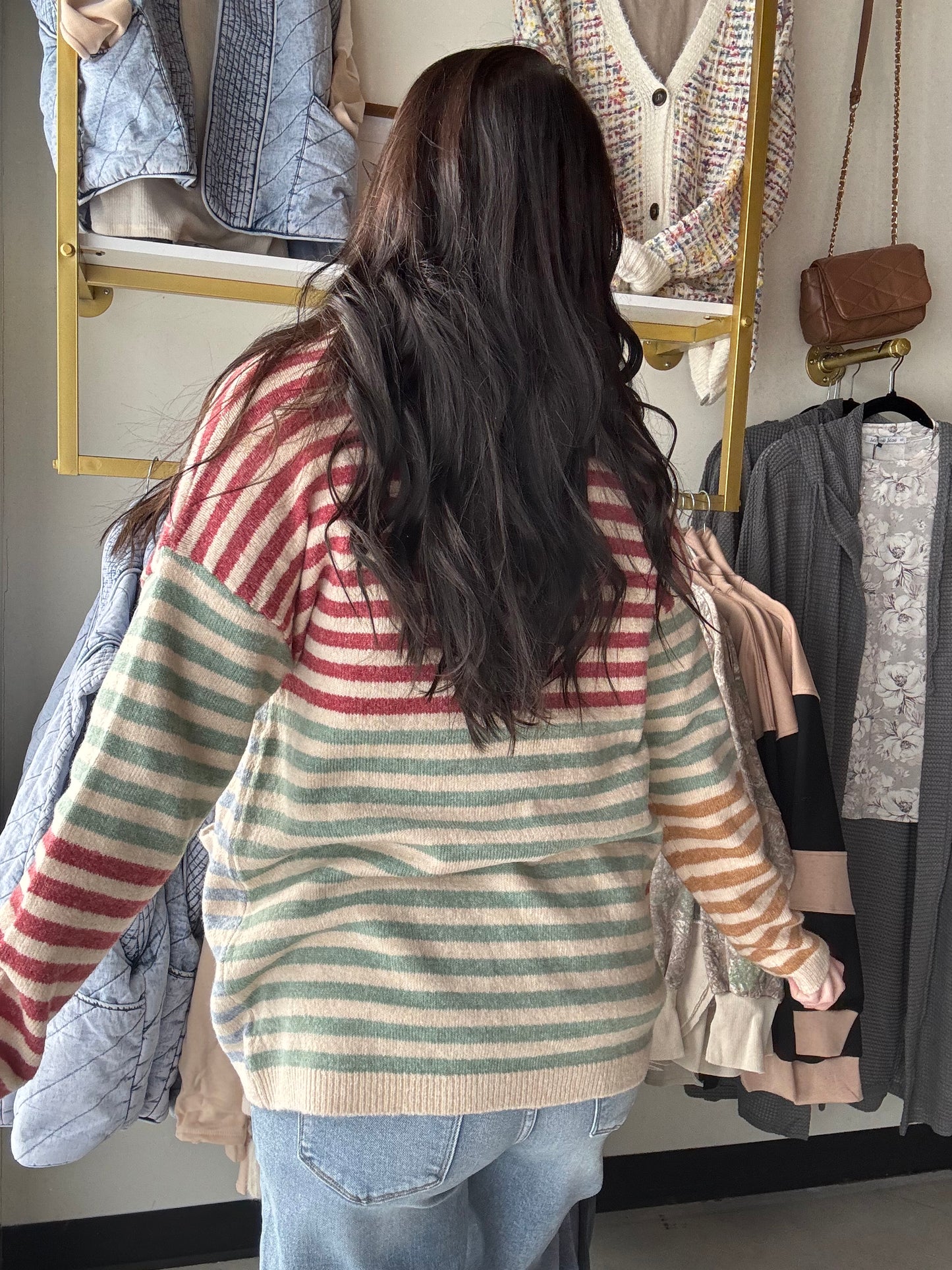 Camel Berry Color Block Cardigan