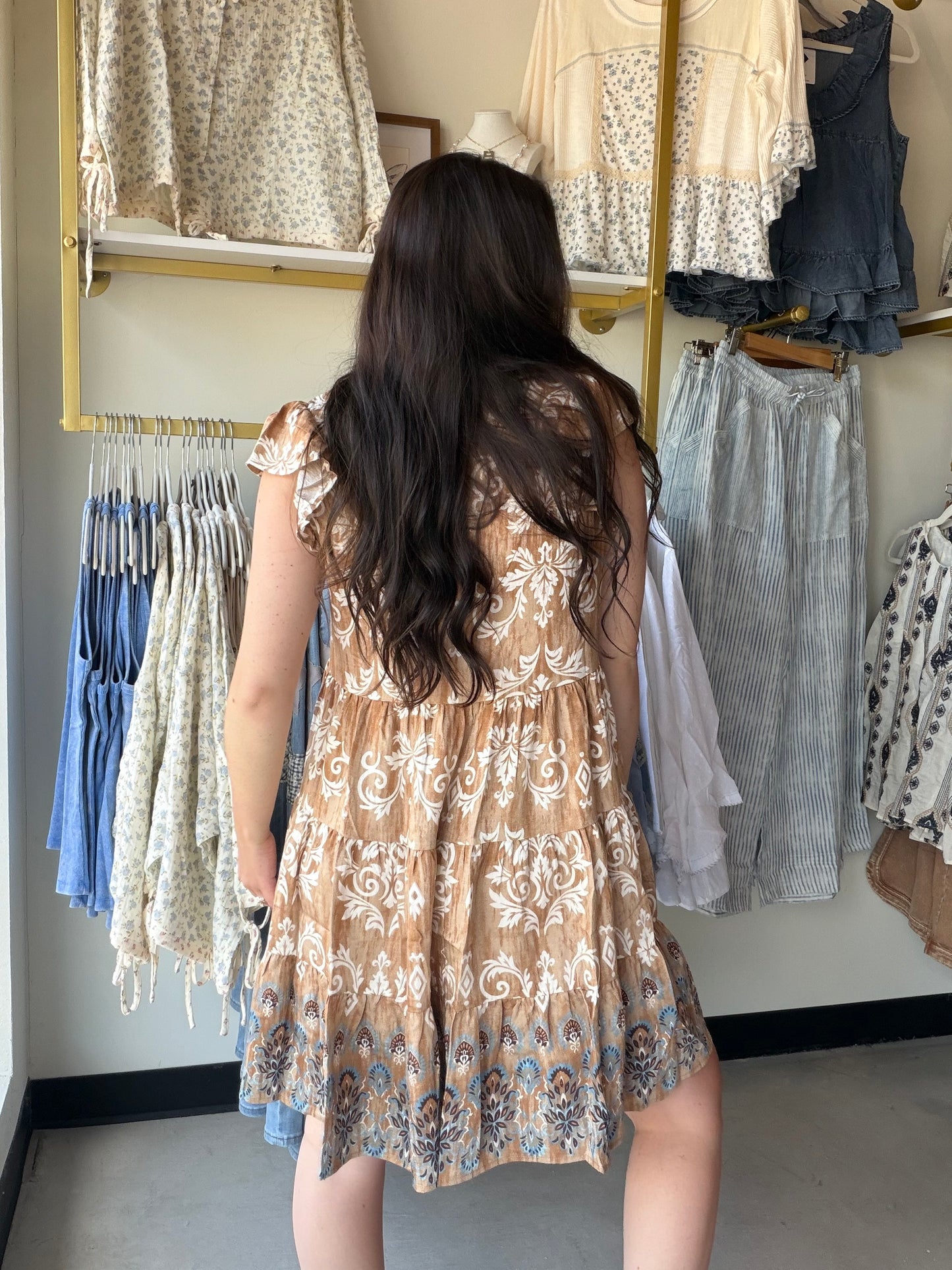 Mocha Vintage Boarder Tiered Dress