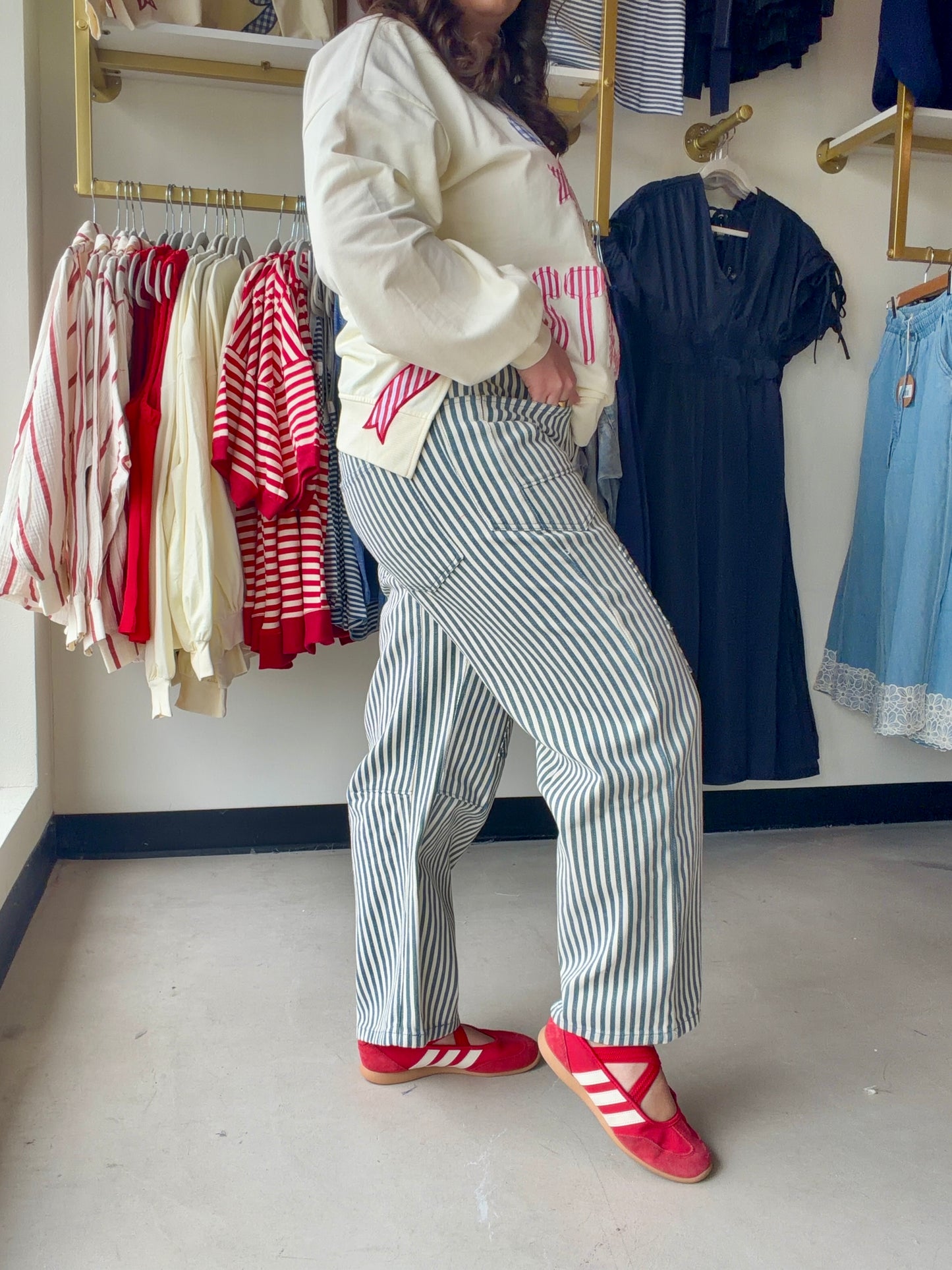 Navy Stripe Twill Barrel Pants