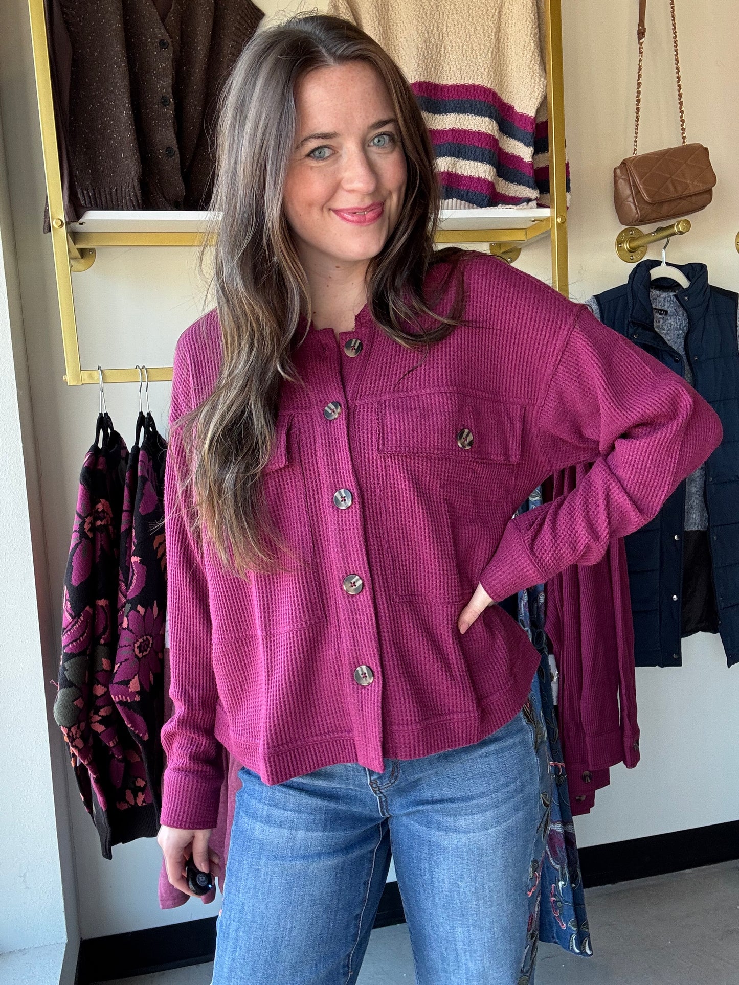 Plum Knit Waffle Shacket