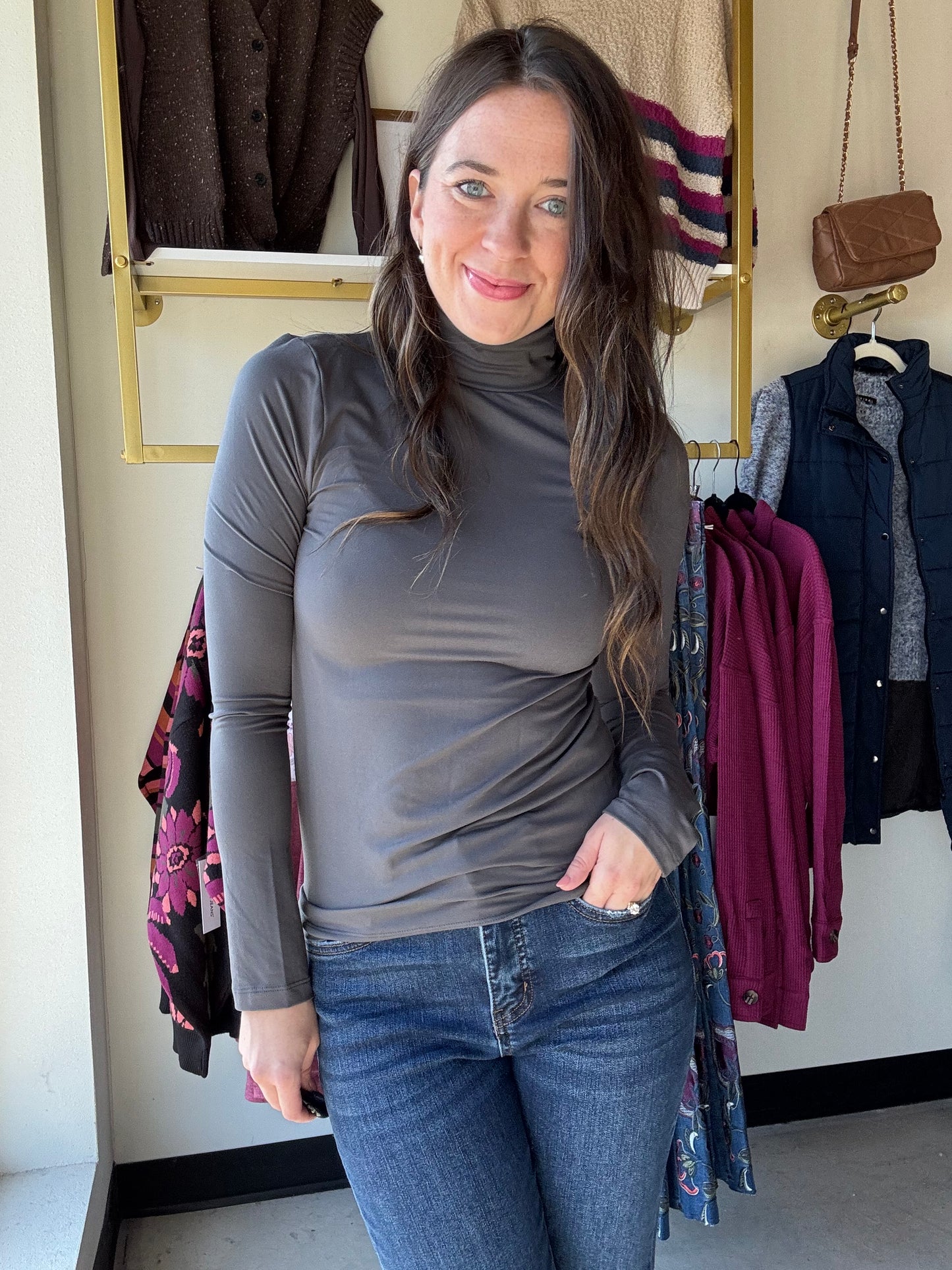Ash Grey Microfiber Mock Neck