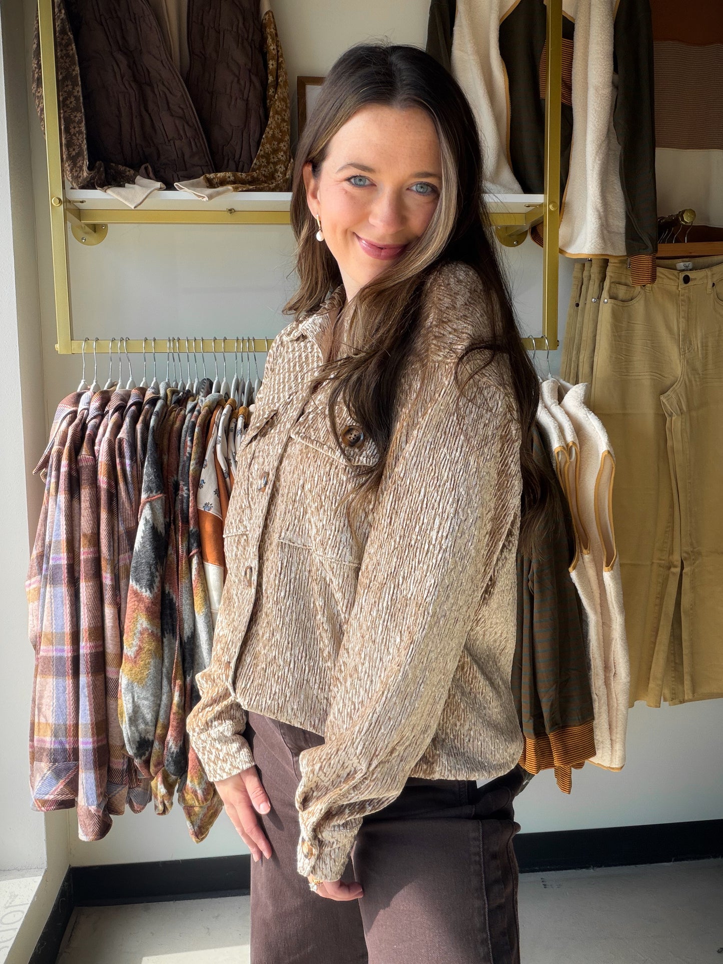 Khaki Velvet Textured Shacket