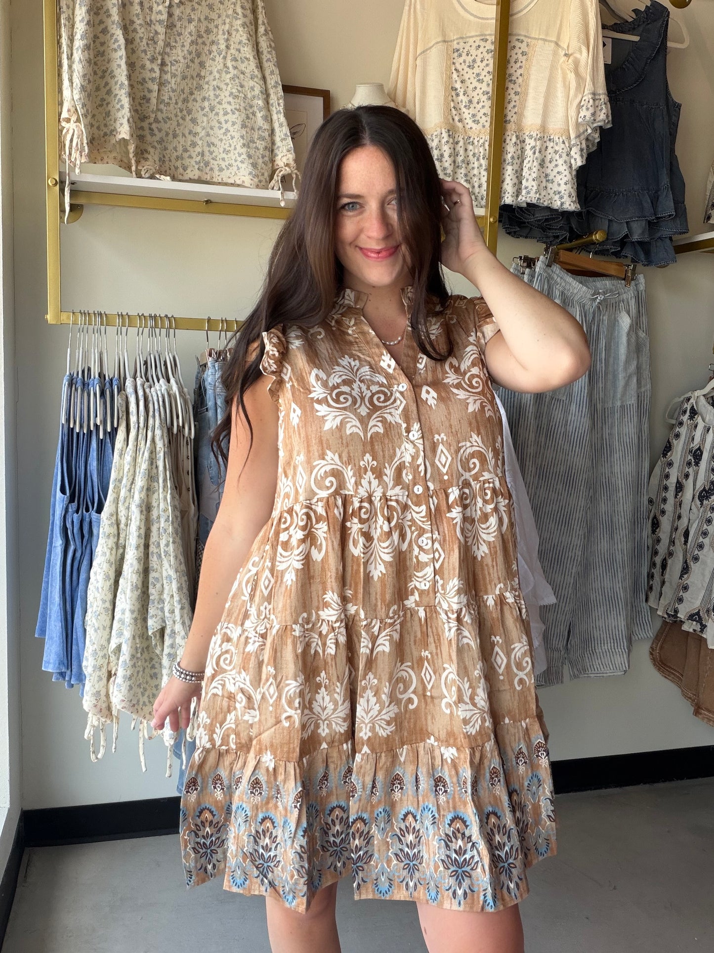 Mocha Vintage Boarder Tiered Dress