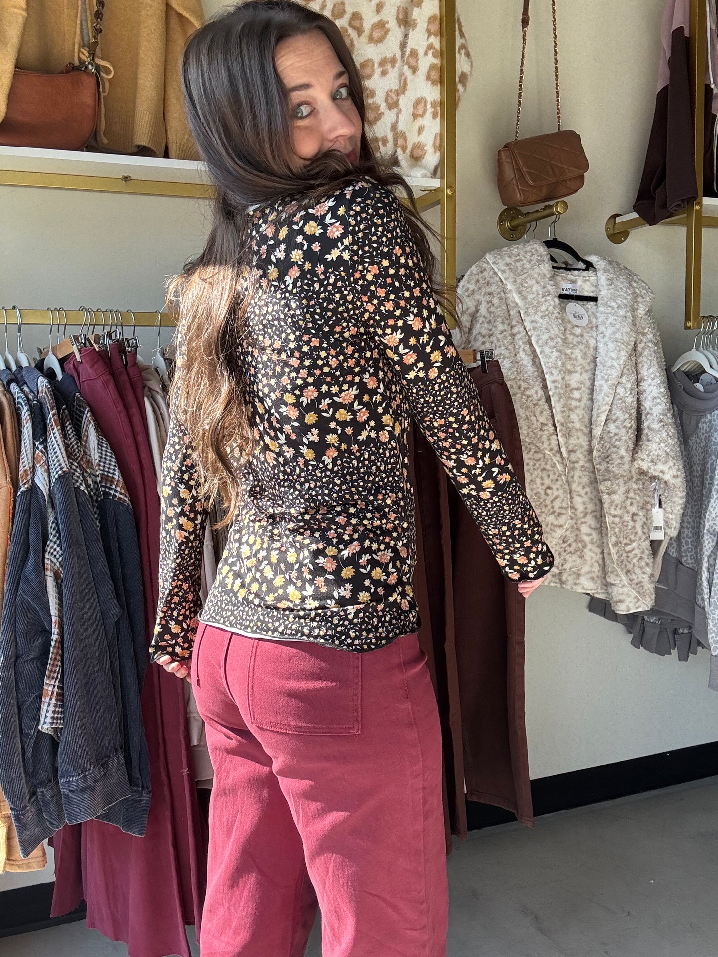 Black Mock Neck Floral Top