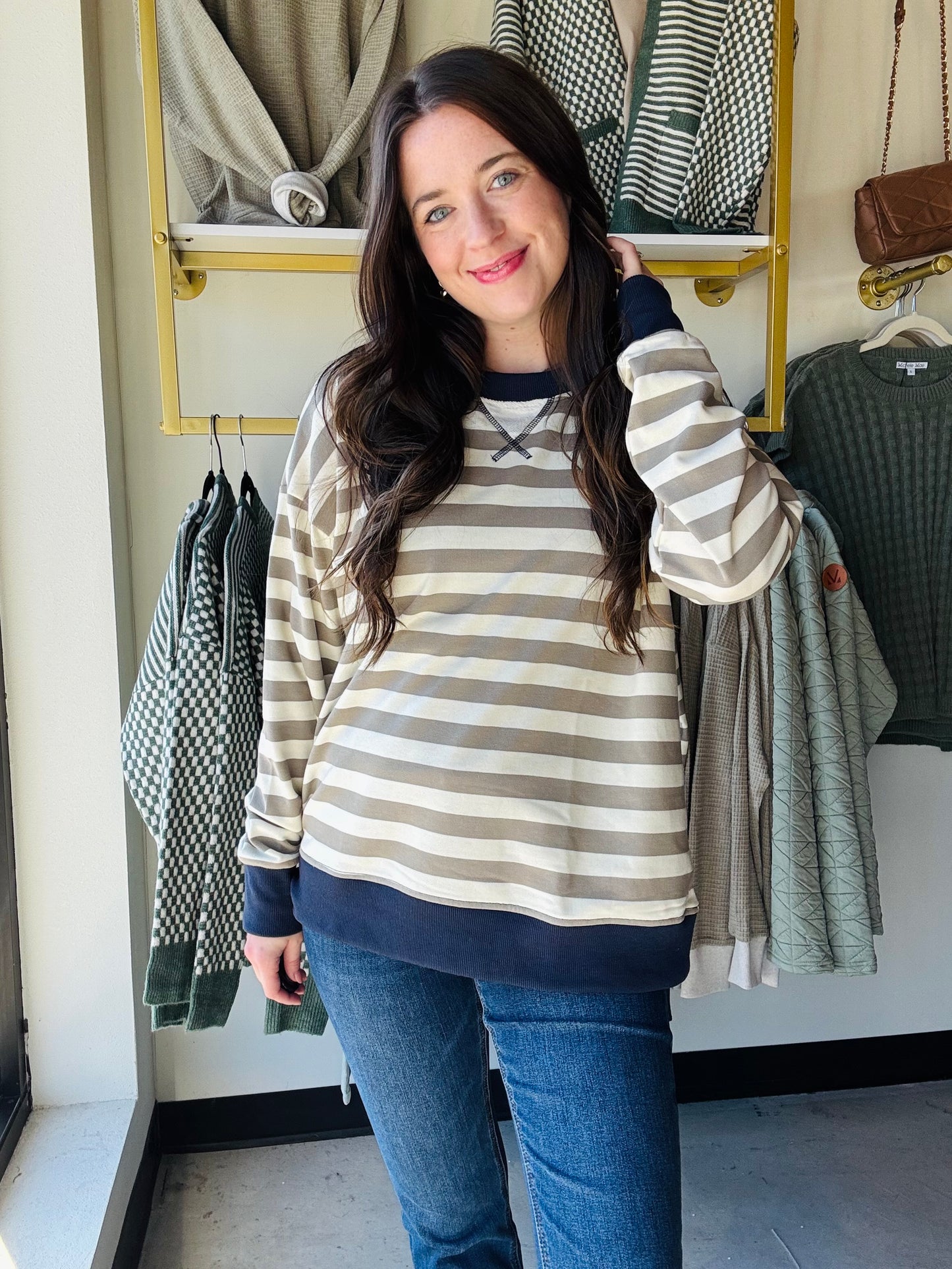 Olive & Navy Striped Pullover