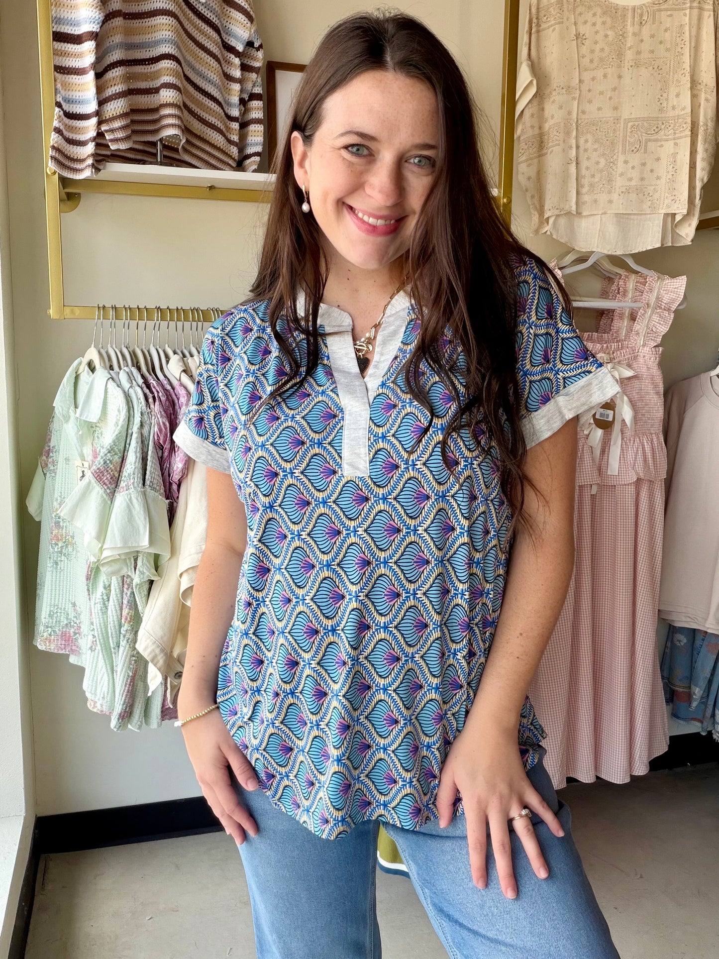 Blue Feather Motif Top