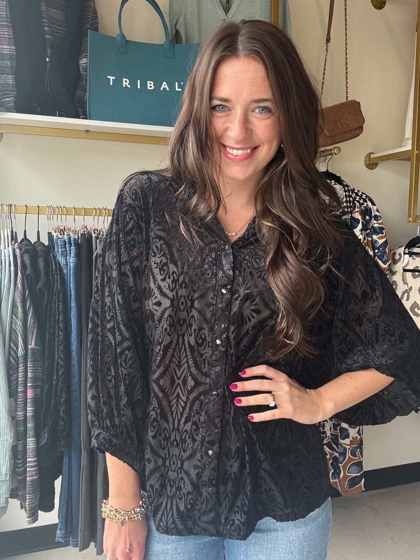 Black Burnout Button Top