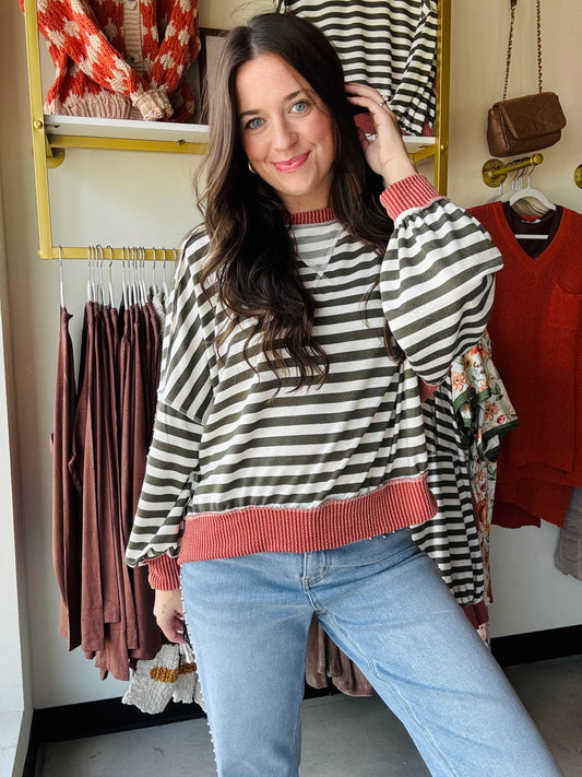 Olive & Rust Striped Pullover