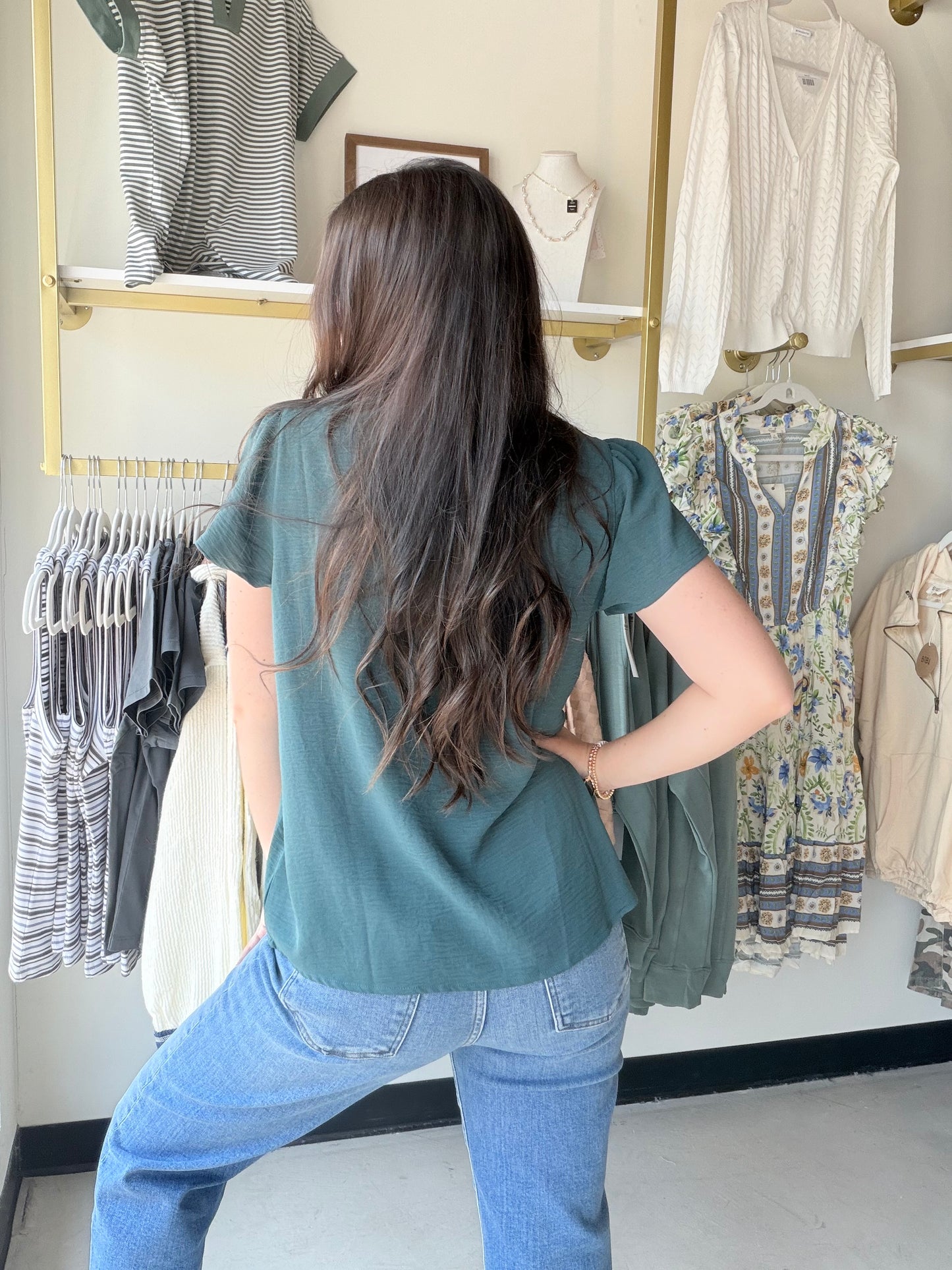 Dark Jade Ruffle Sleeve Blouse