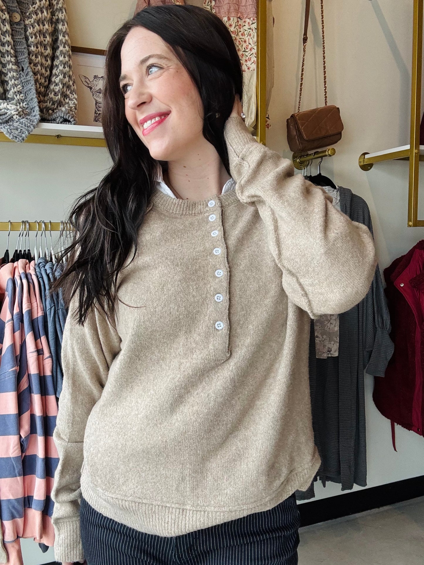 Latte Button Crewneck Sweater
