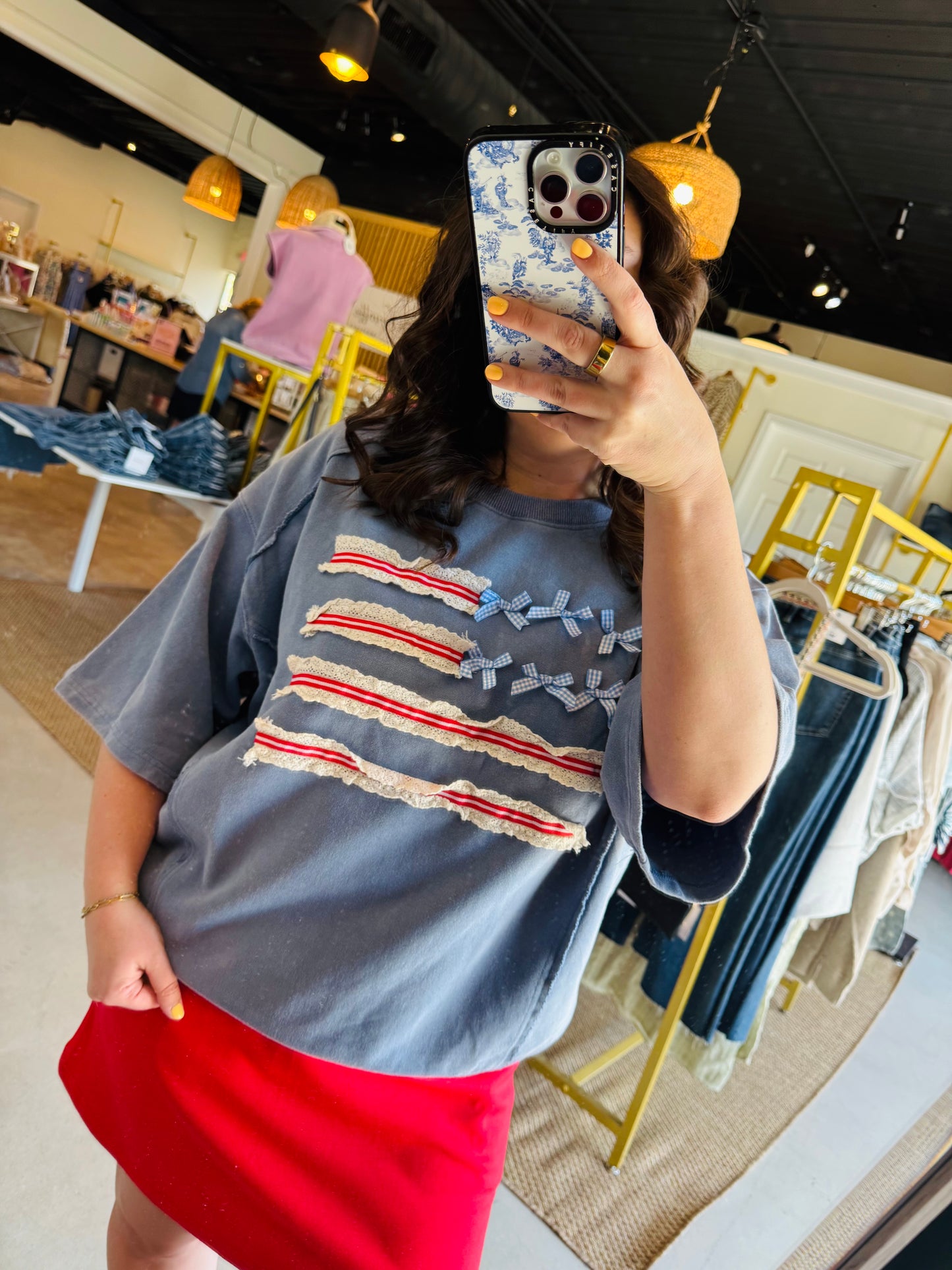 Washed Denim Lace Flag Pullover