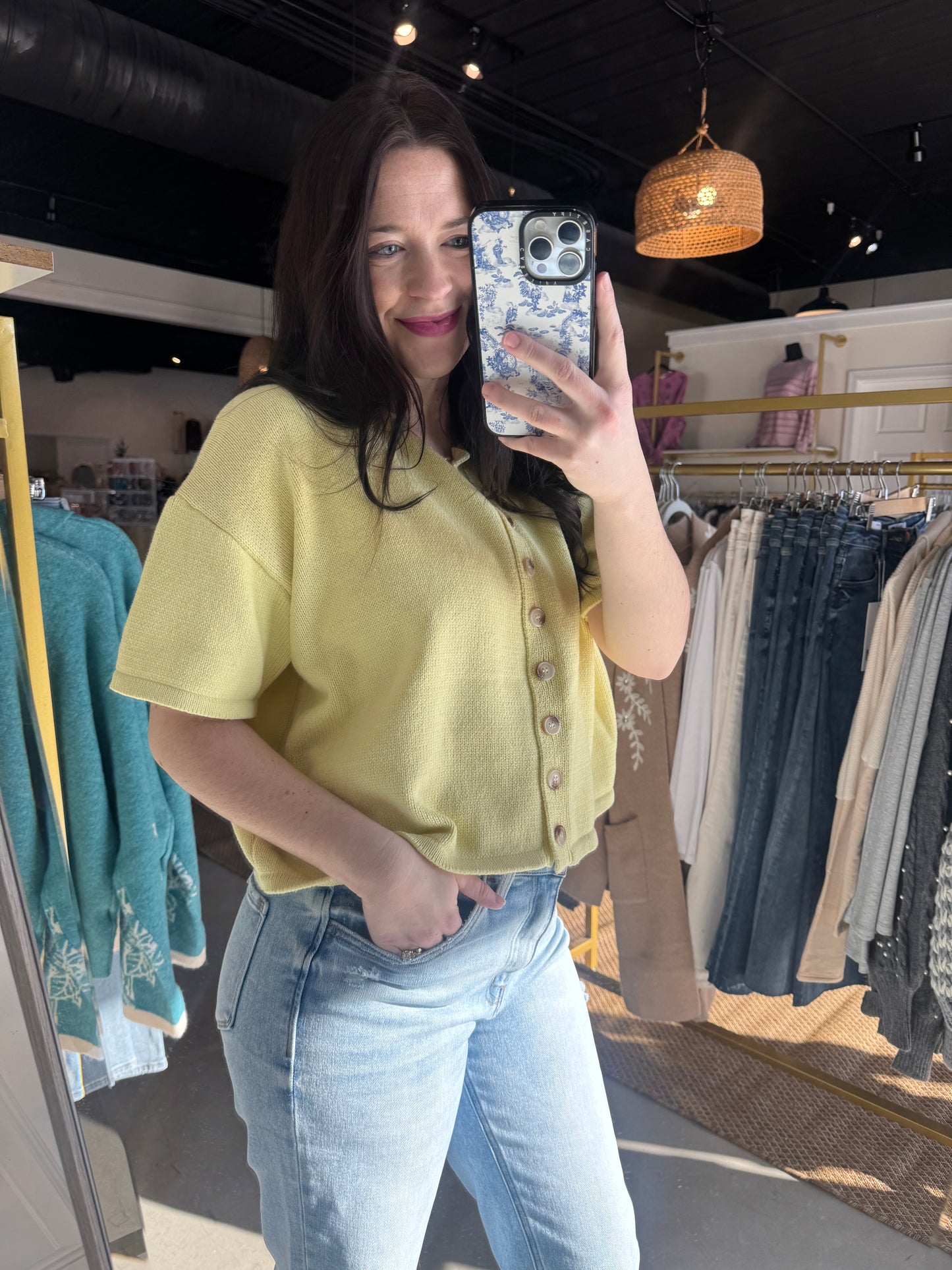 Lemon Button Up Half Sleeve Sweater