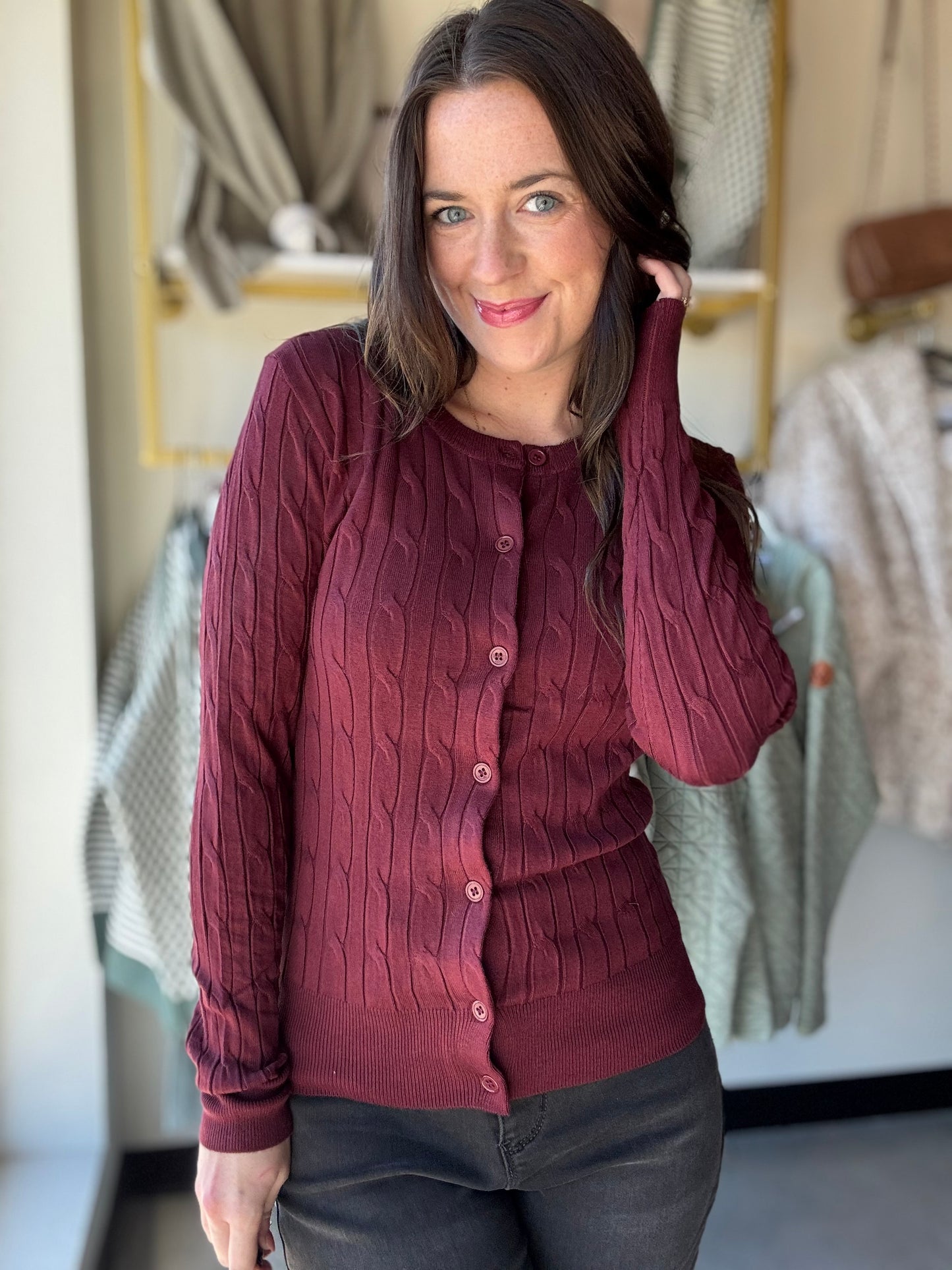 Burgundy Button Up Cable Knit Cardigan