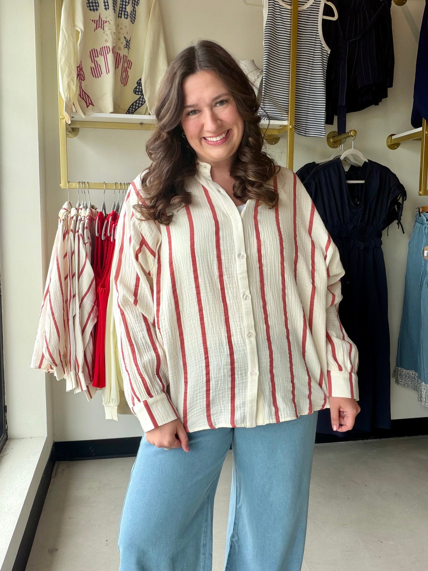 Cream & Red Stripe Gauze Top