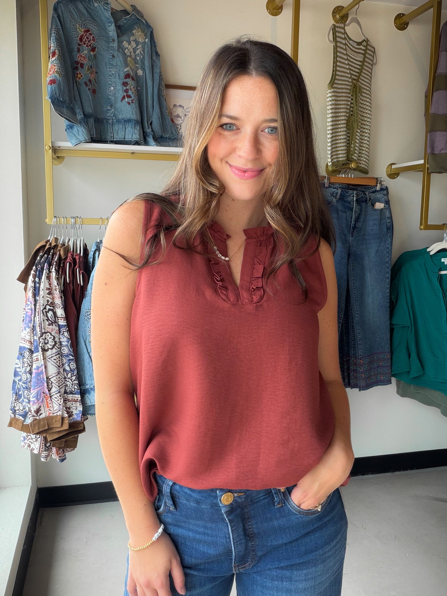 Copper Ruffle Detail Sleeveless Top