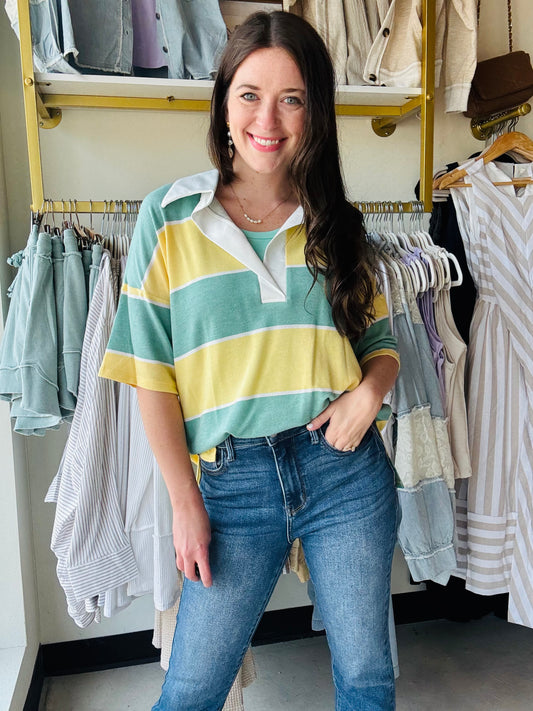 Green & Yellow Drop Shoulder Top