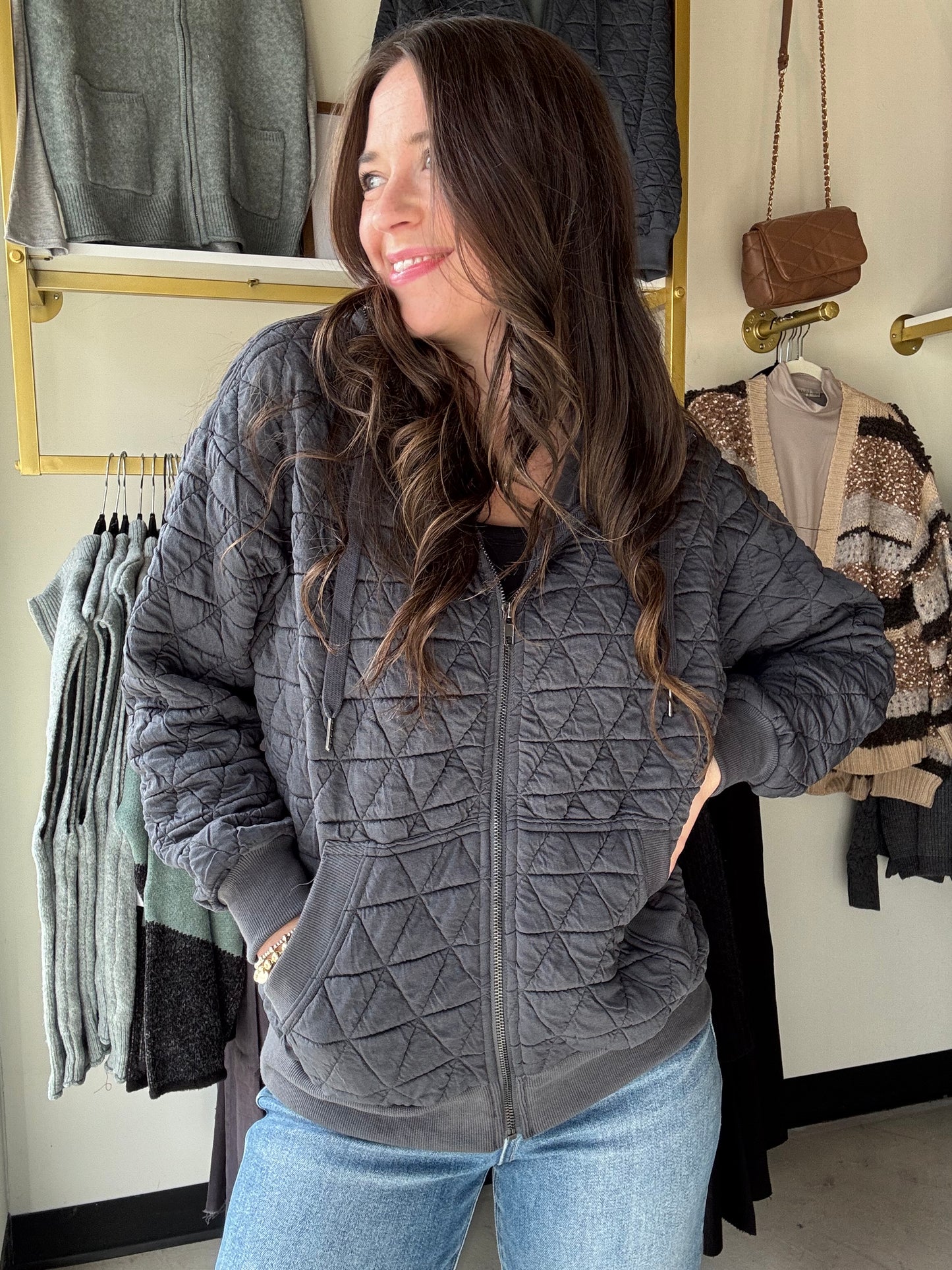 Gunmetal Quilted Zip Up