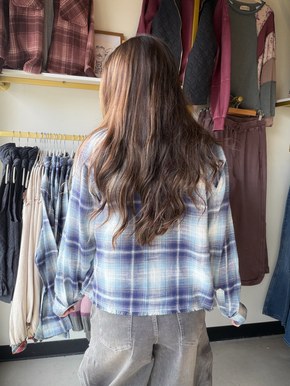 Blue Plaid Fringe Button Up