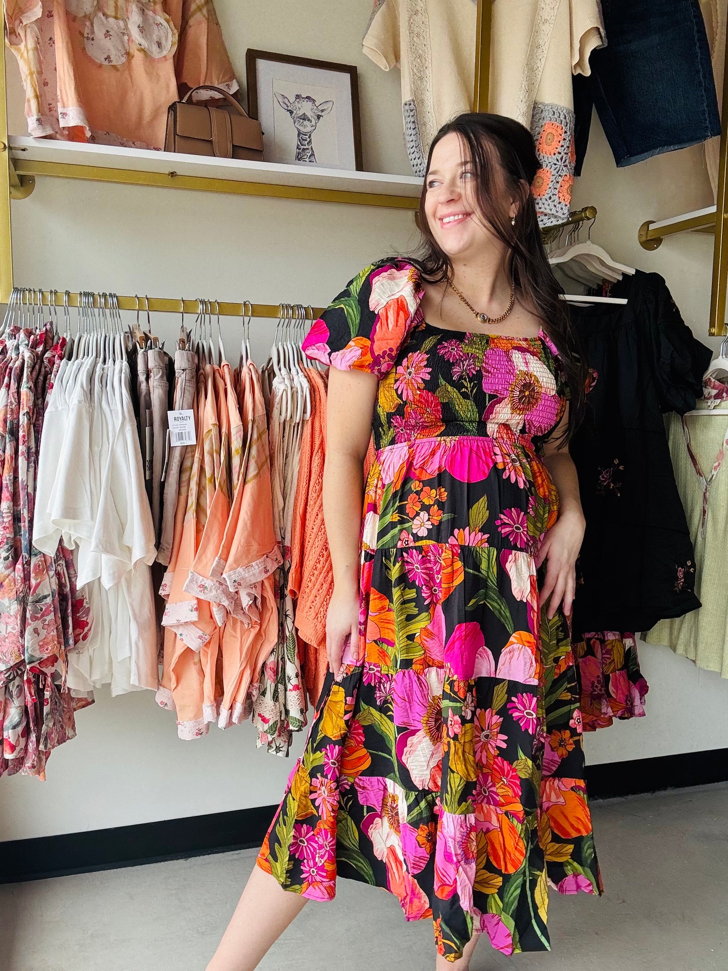 Midnight Bloom Smocked Midi Dress