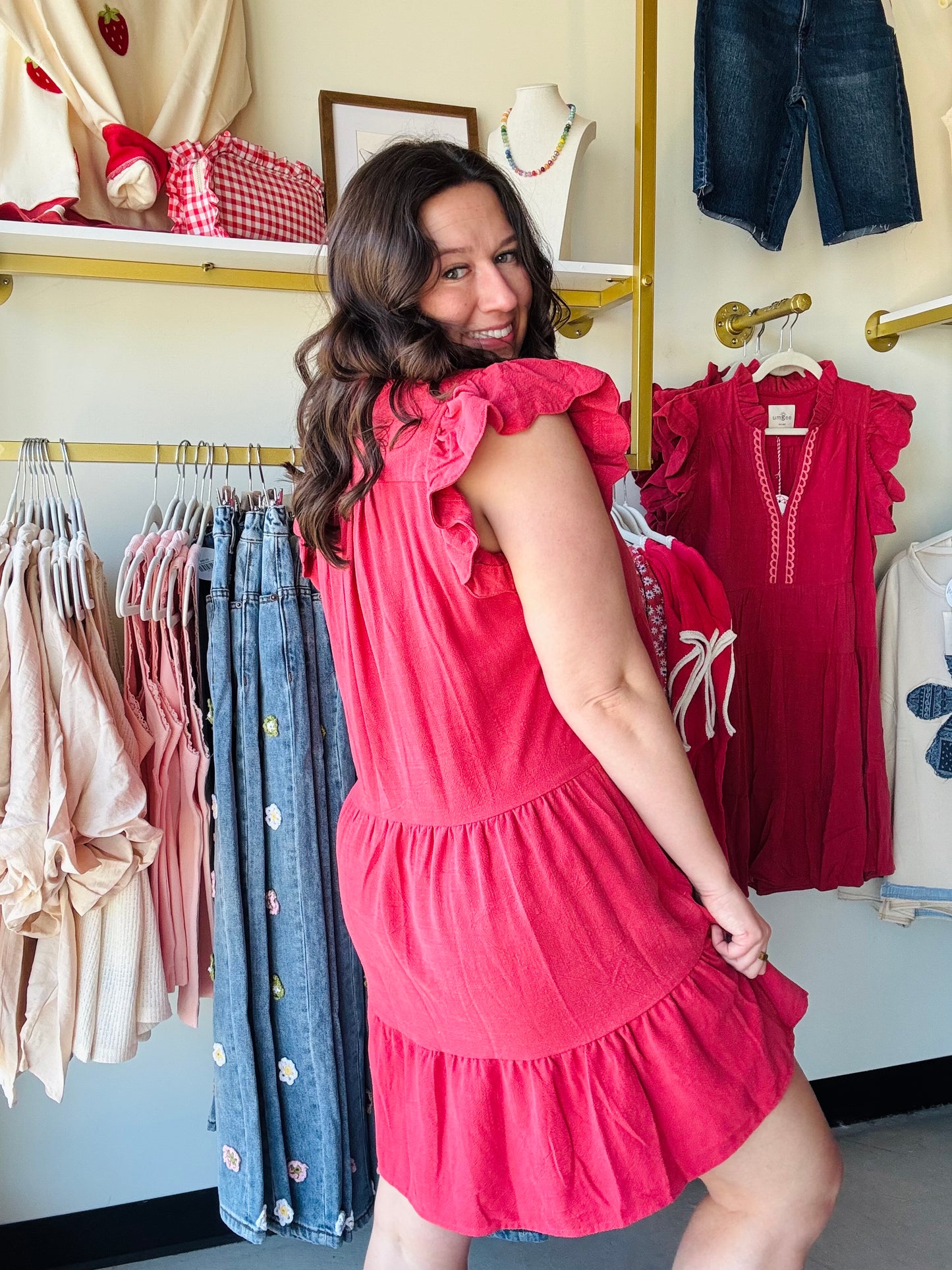 Raspberry Scalloped Linen Tiered Dress