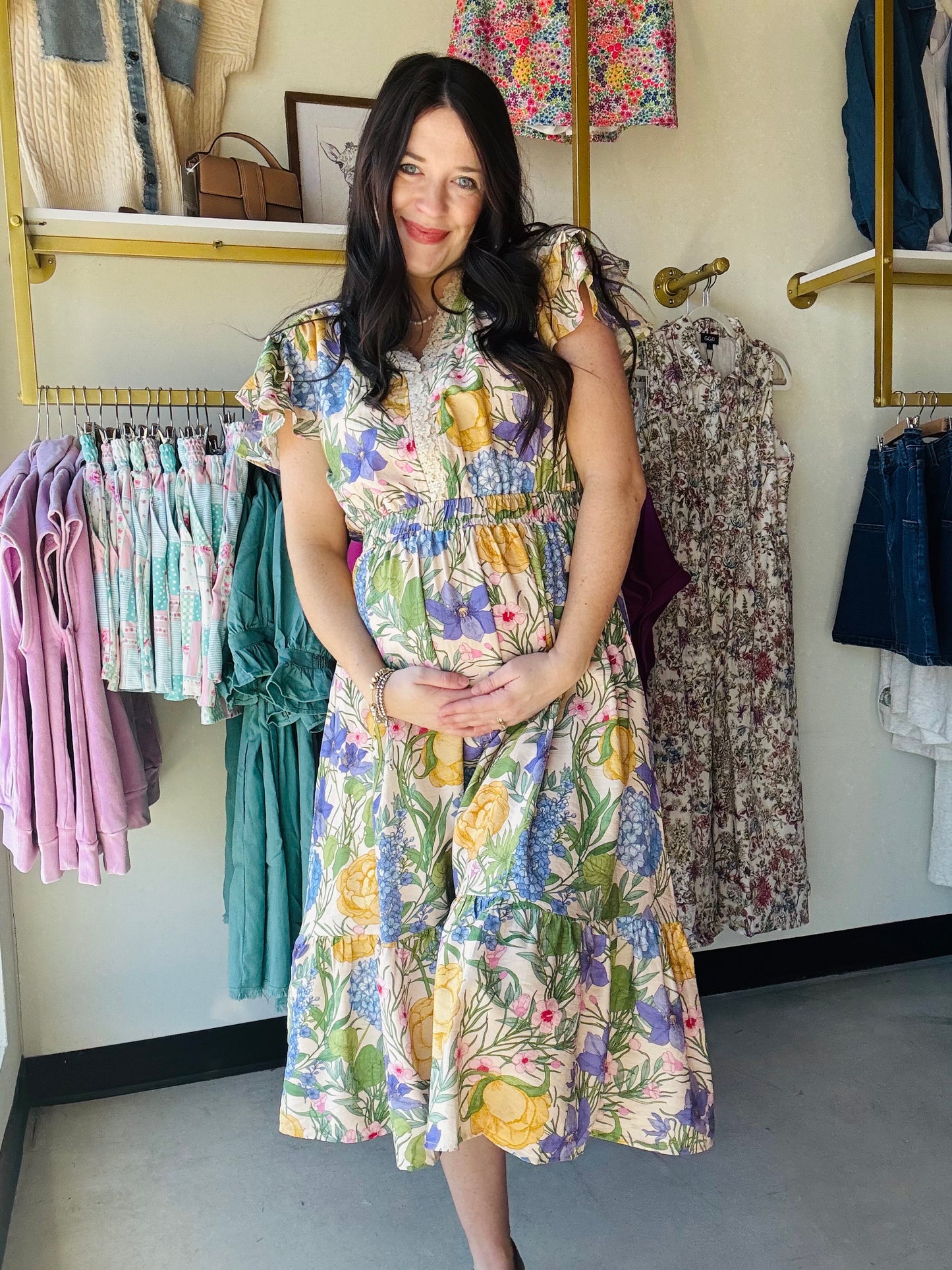 Natural Flutter Sleeve Floral Dress