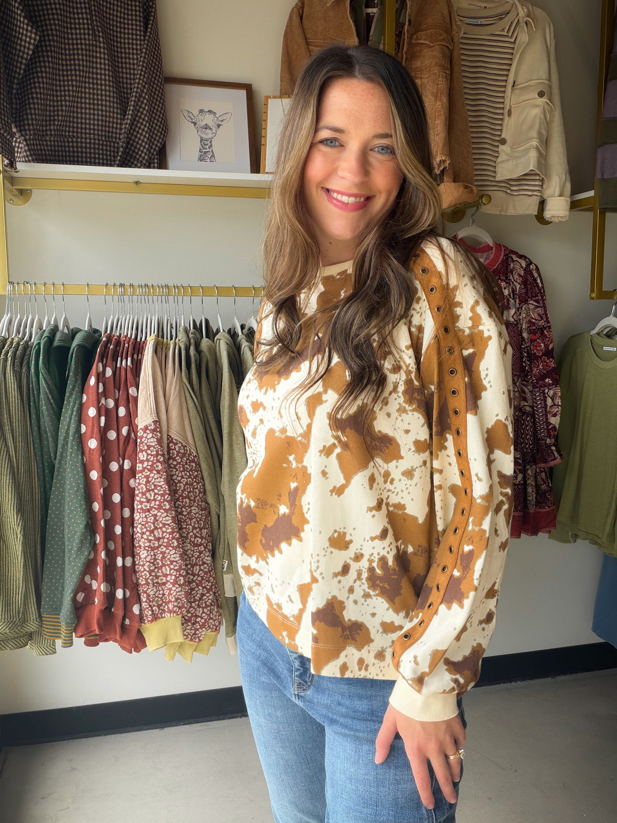 Pony Print Suede Trim Crewneck