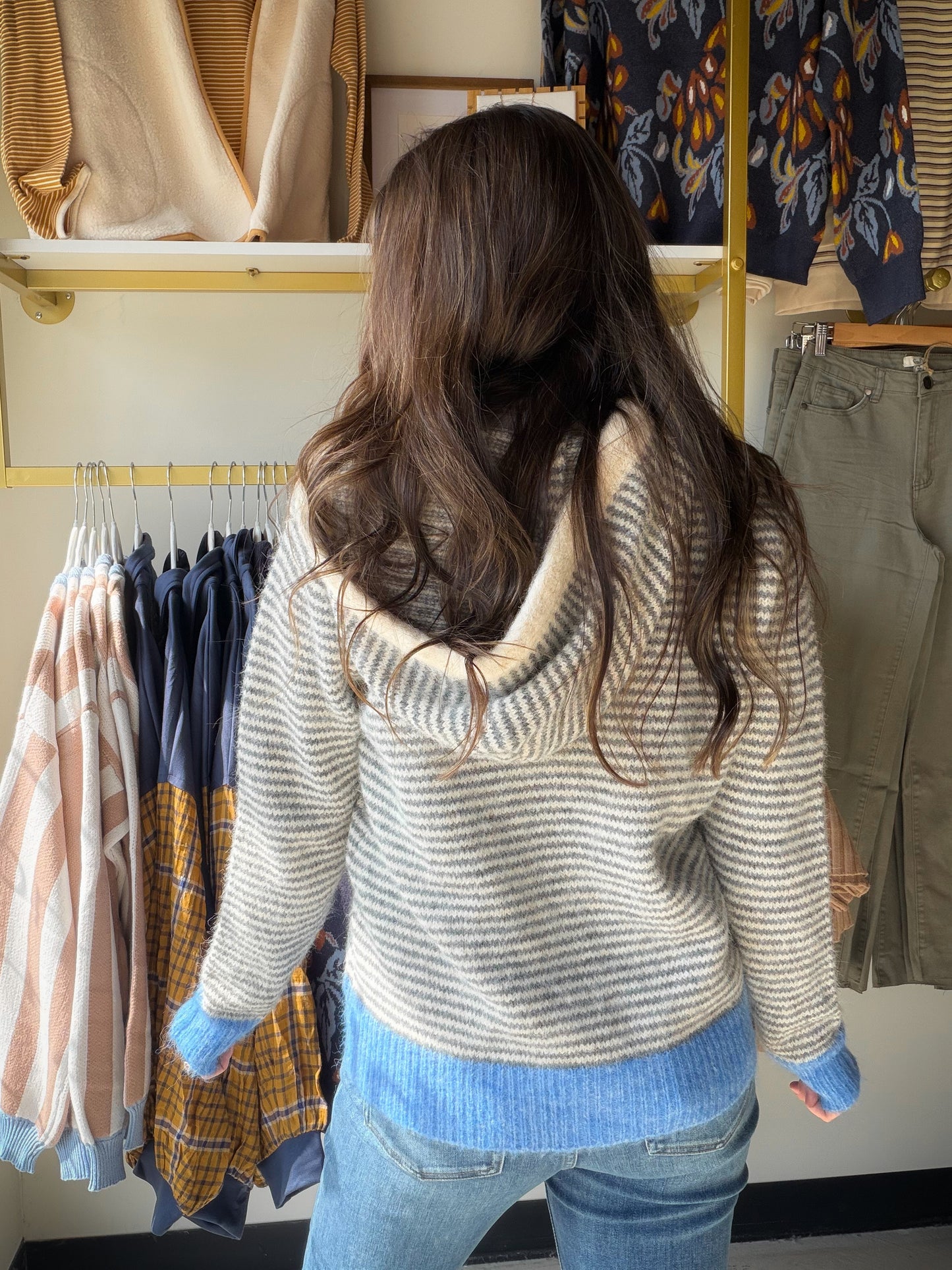 Blue Gray Contrast Button Hoodie