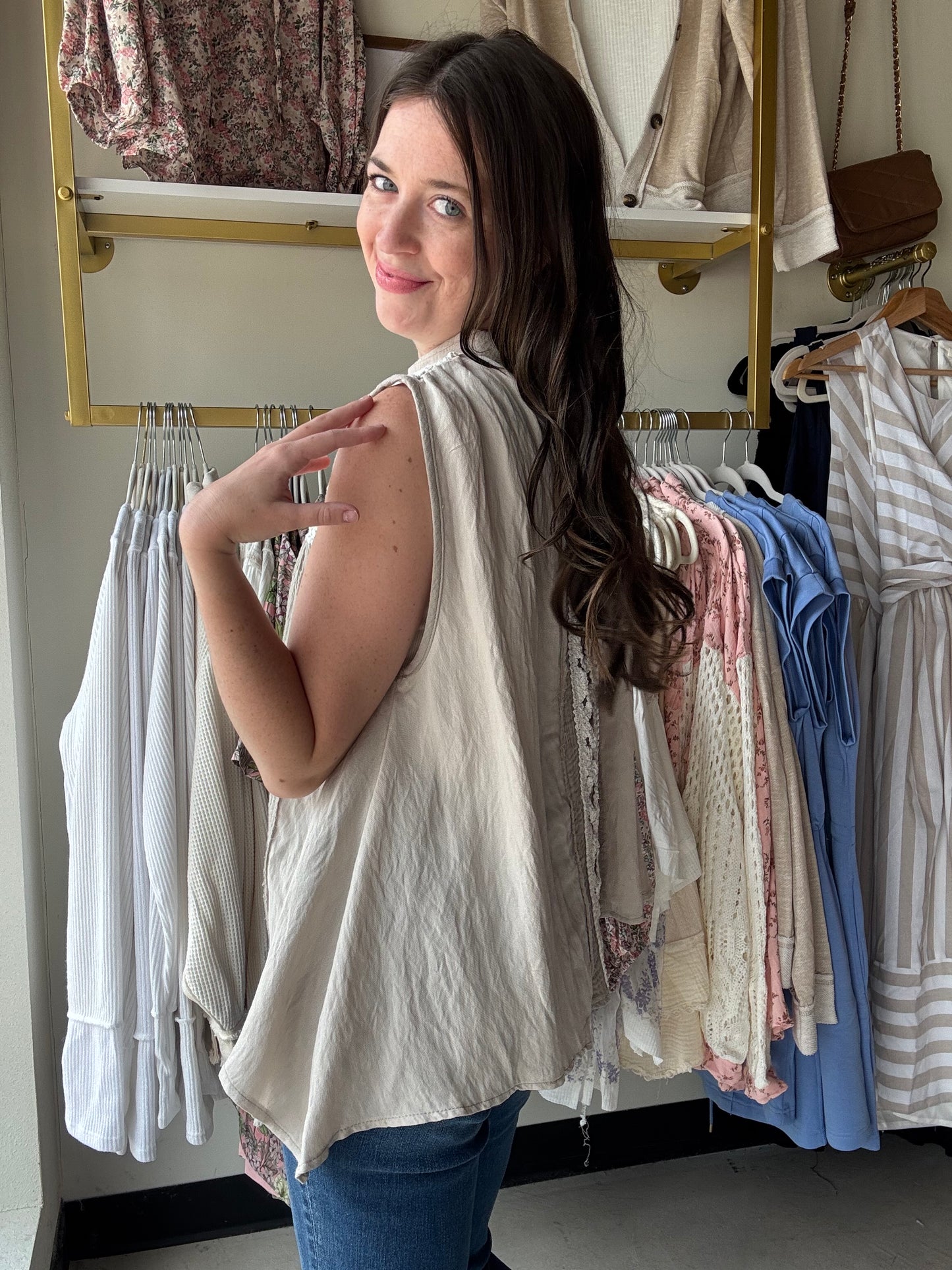 Pale Grey Mesh Accent Top