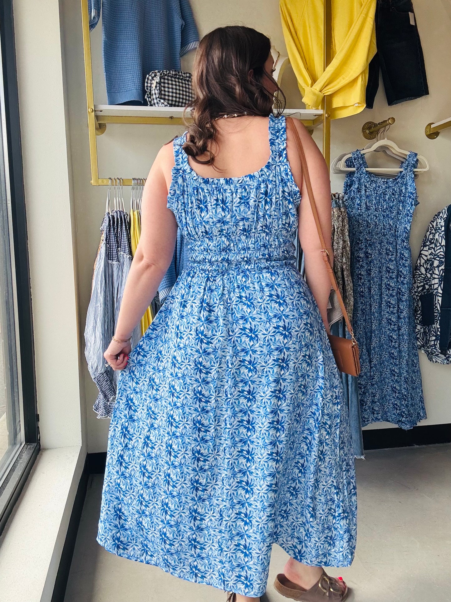 Blue Scoop Smocked Bodice Dress