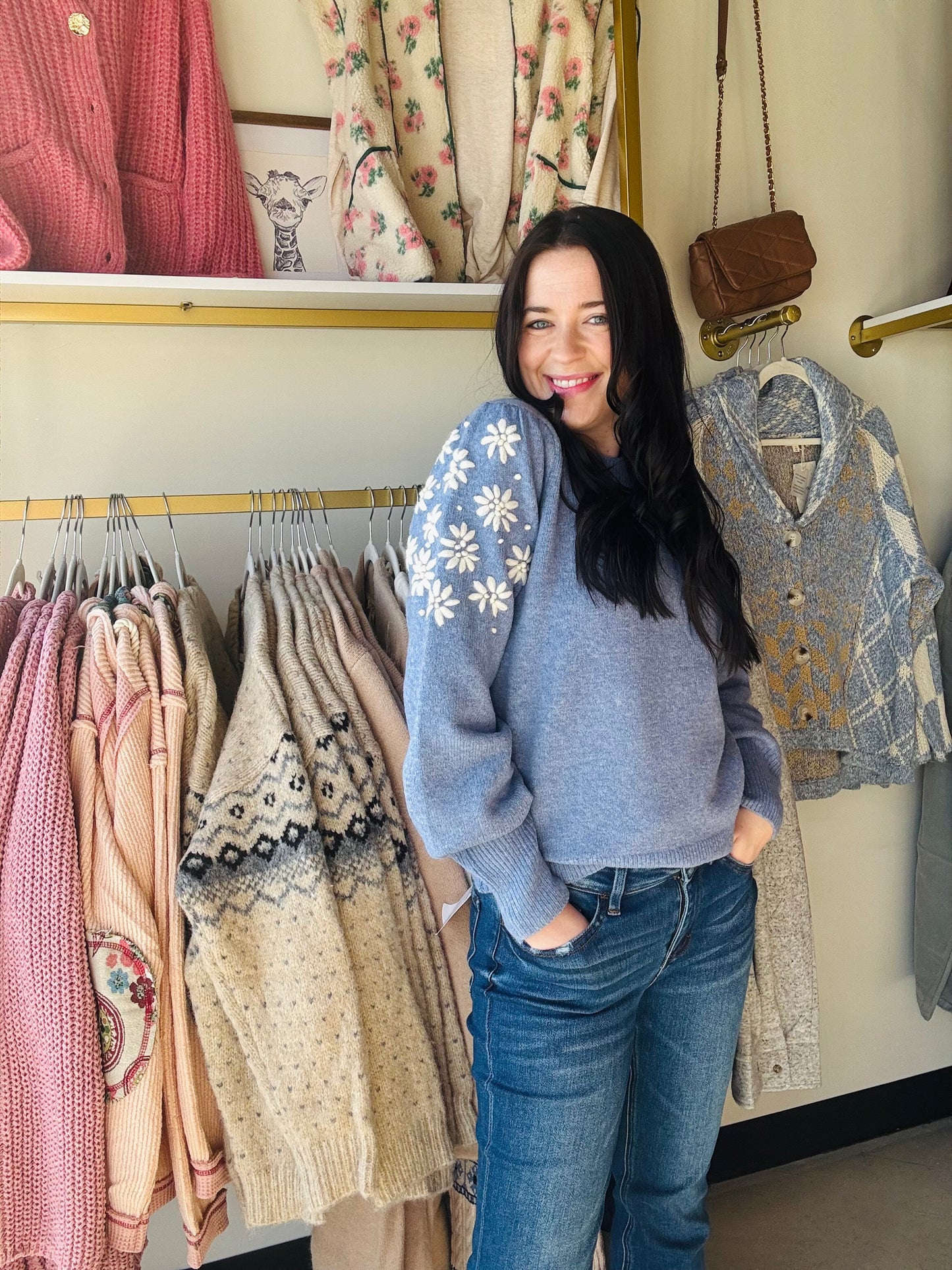 Frost Blue Floral Embellished Sweater