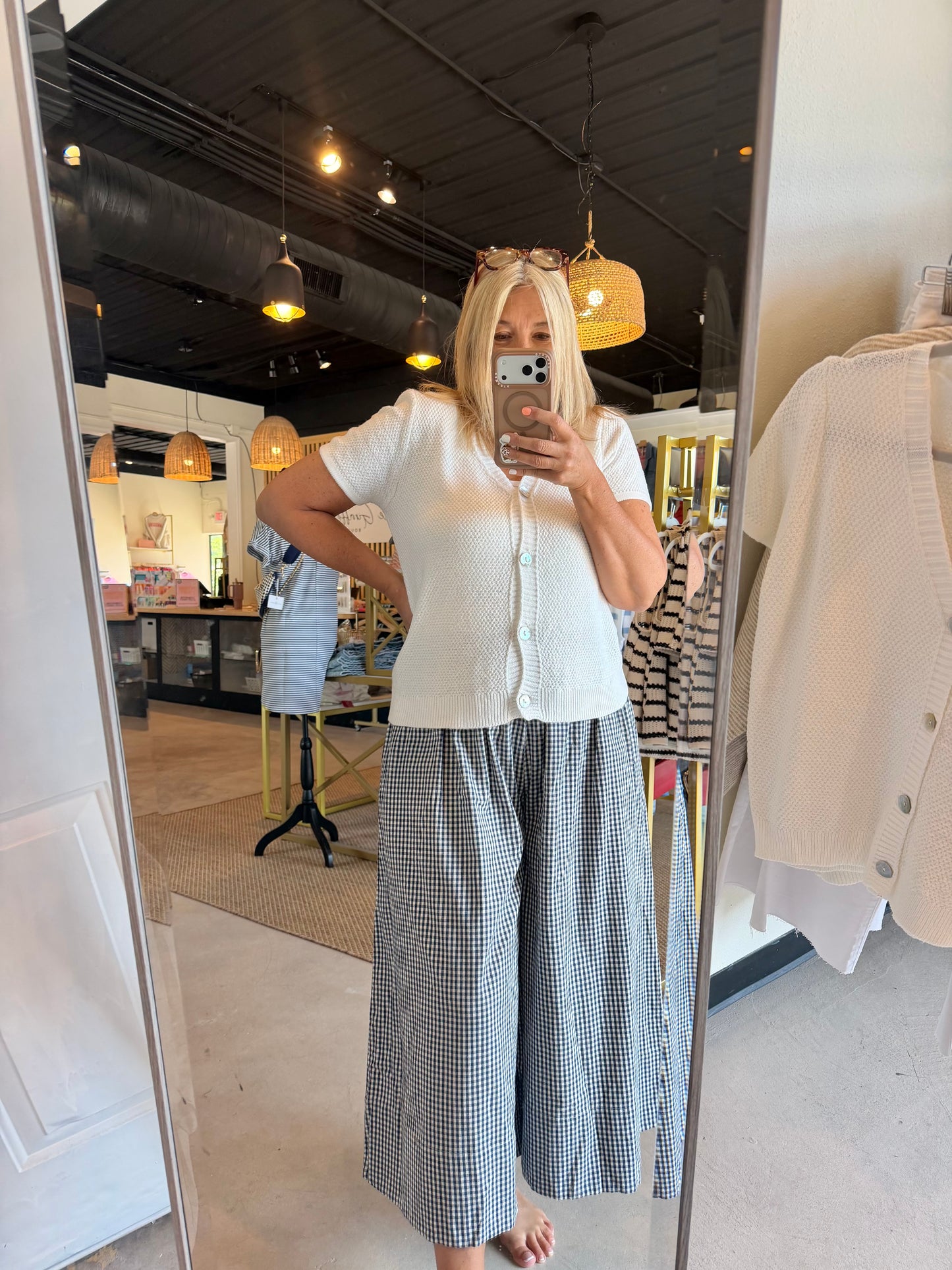 Navy Gingham Wide Leg Pants