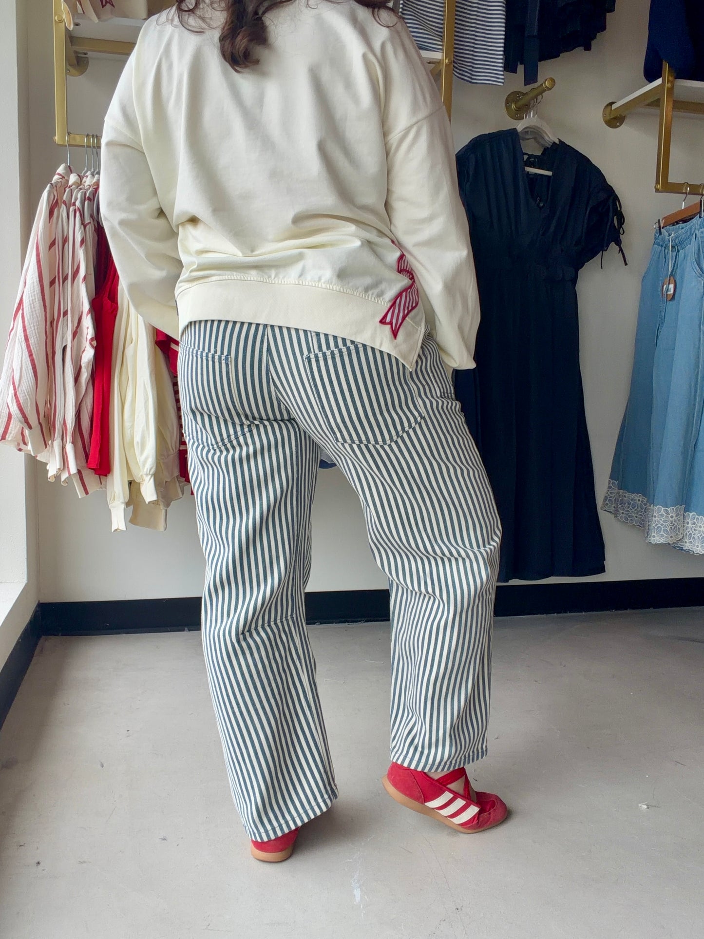 Navy Stripe Twill Barrel Pants