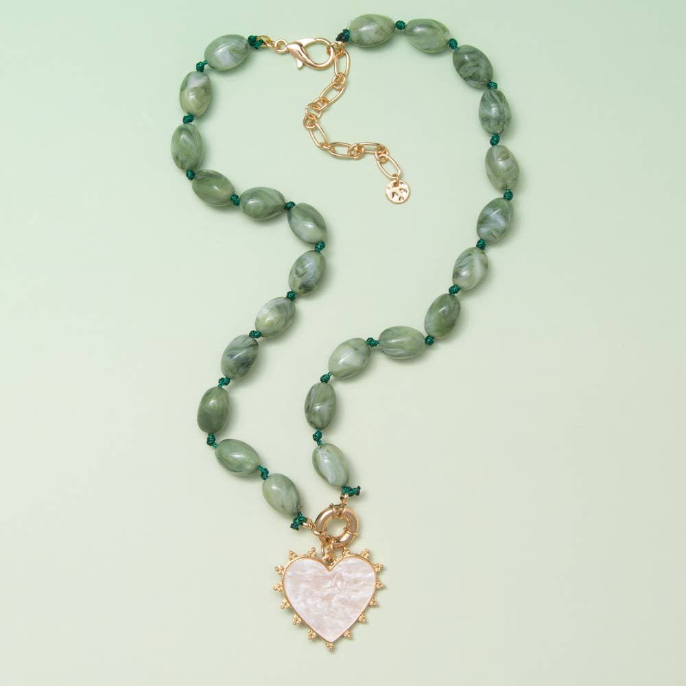 Pearlescent Heart Pendant Marbled Bead Necklace