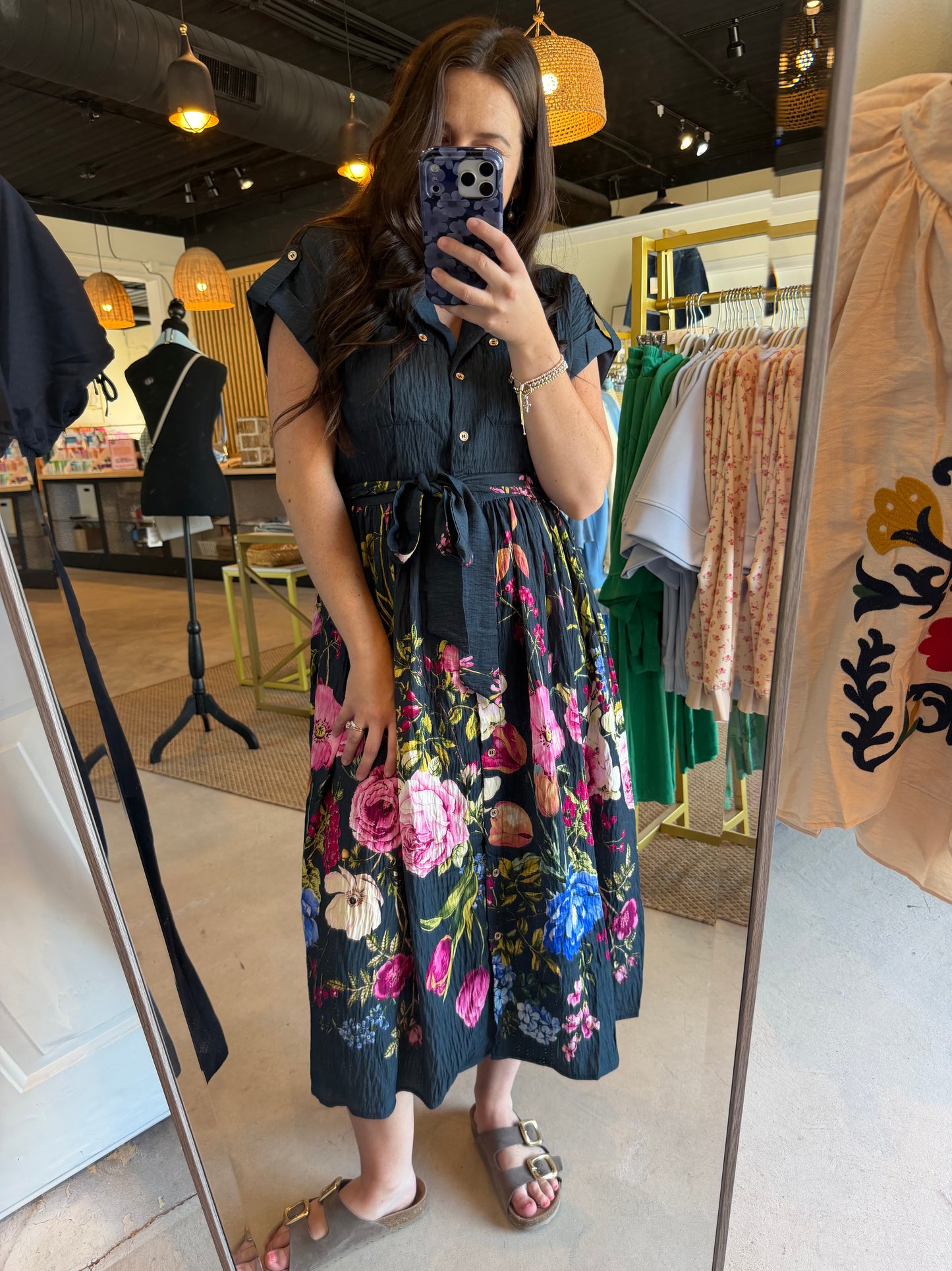 Navy Mix Floral Tie Waist Dress