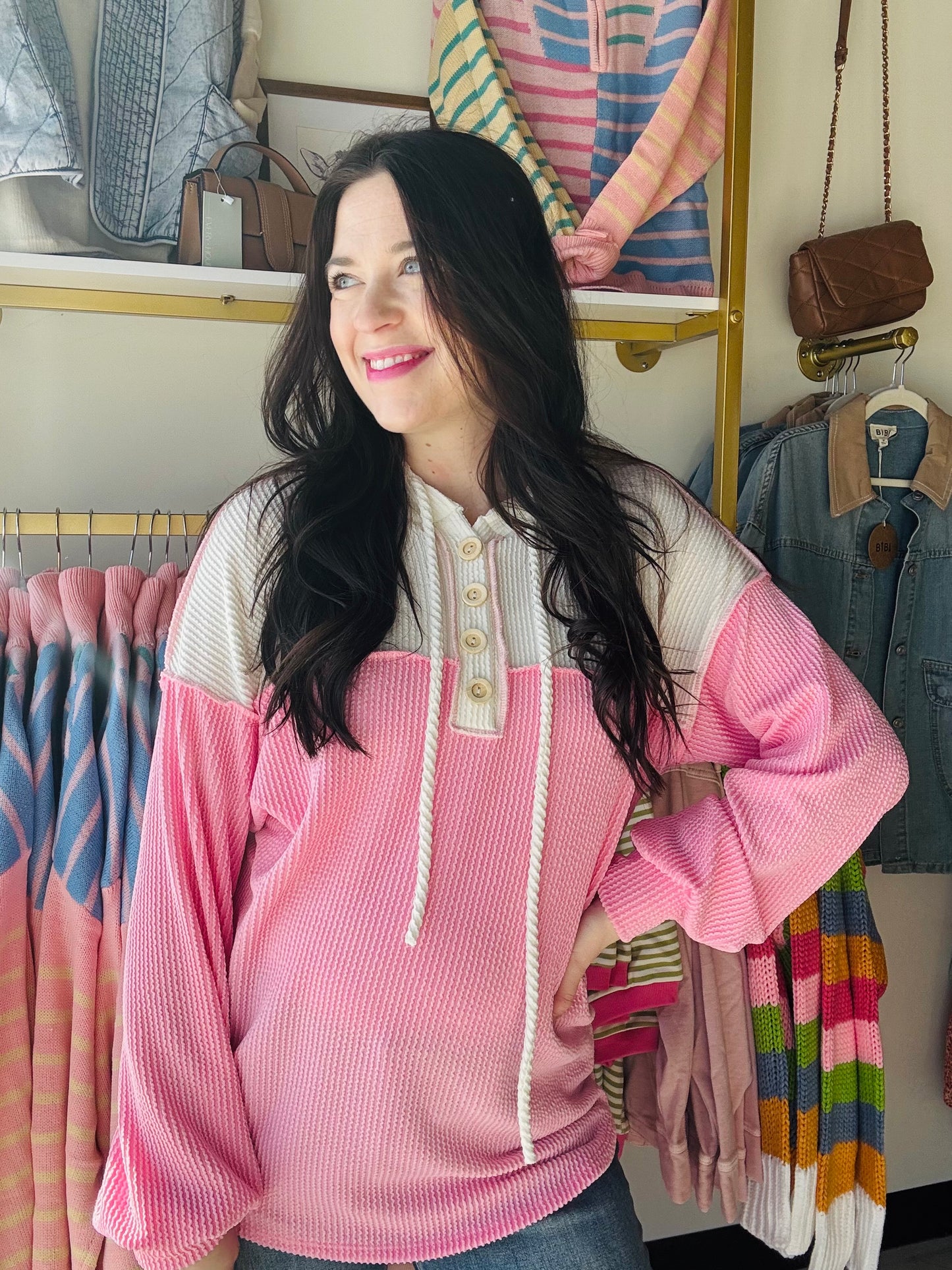Two Tone Pink Henley Hoodie