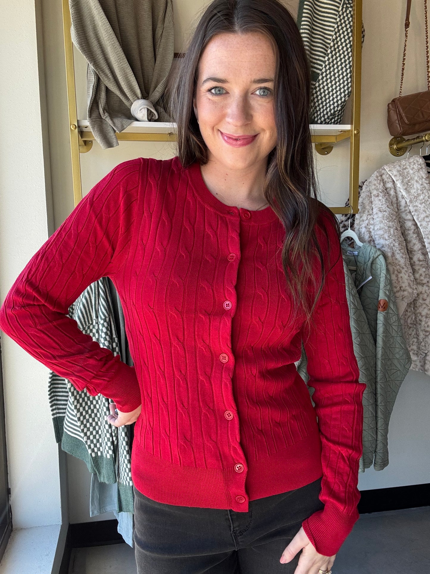 Red Button Up Cable Knit Cardigan