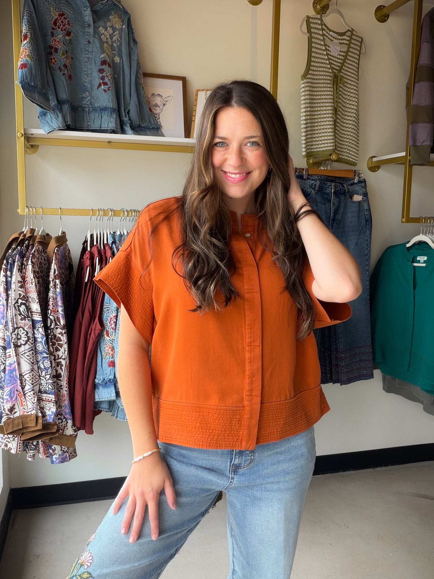 Rust Button Trapunto Stitch Top