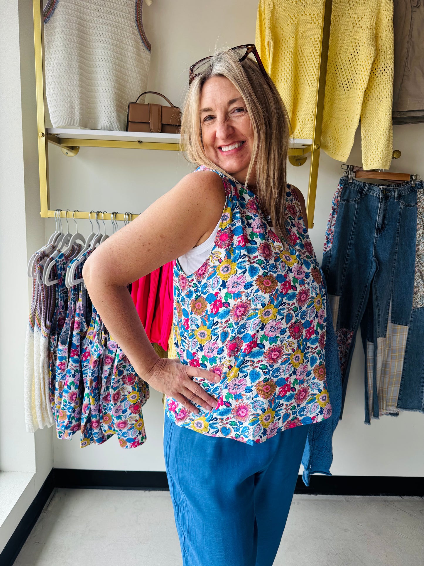 Blue Floral Split Neck Tank