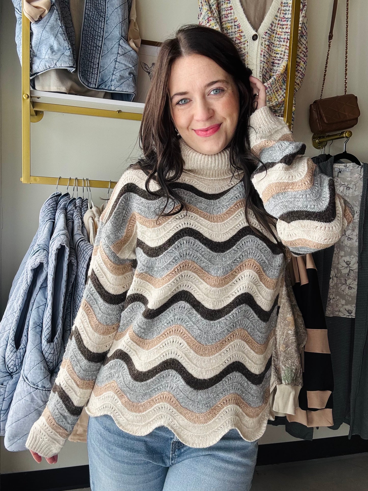 Wave Striped Turtleneck Sweater