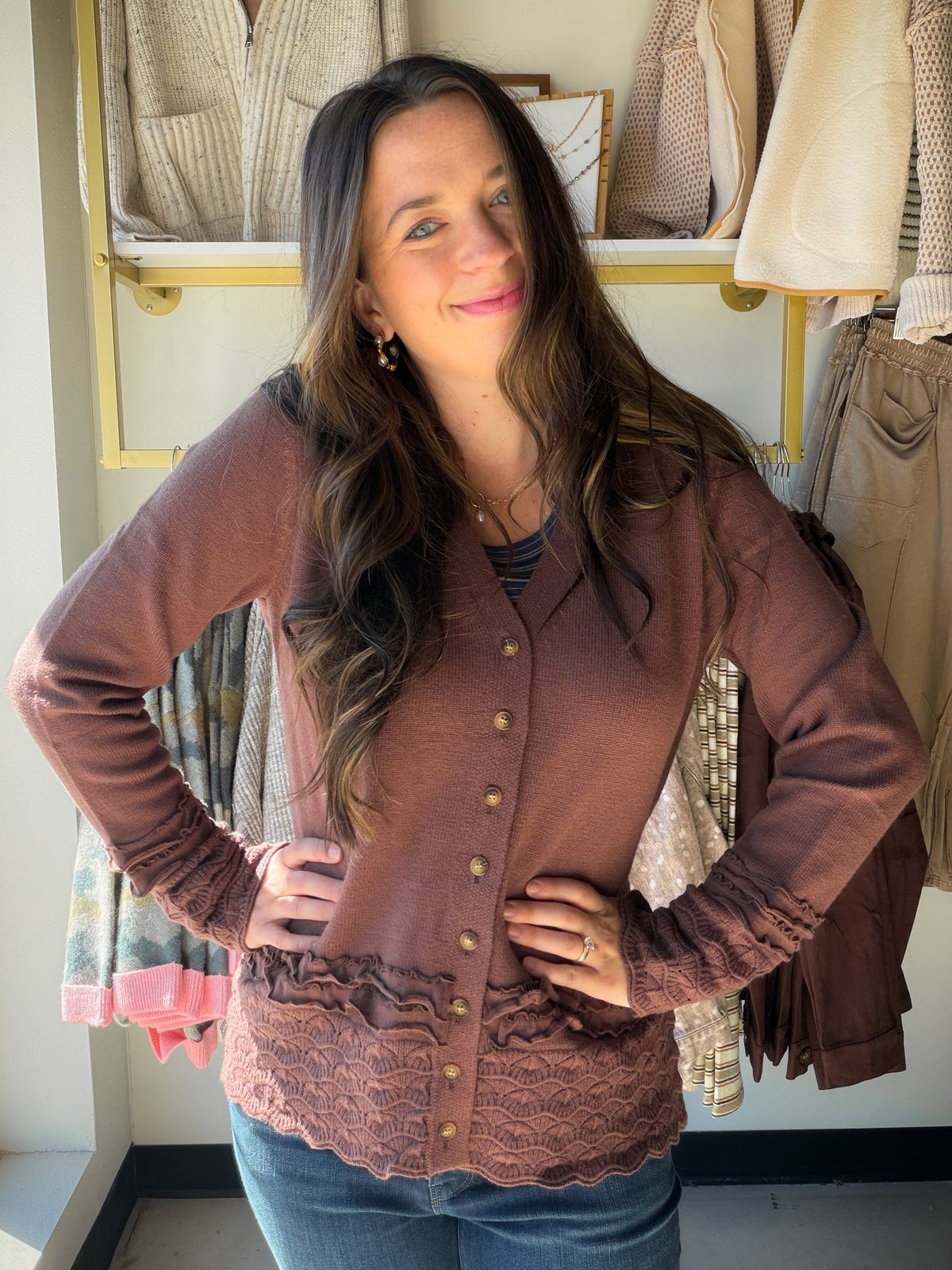 Brown Ruffle Detail Cardigan