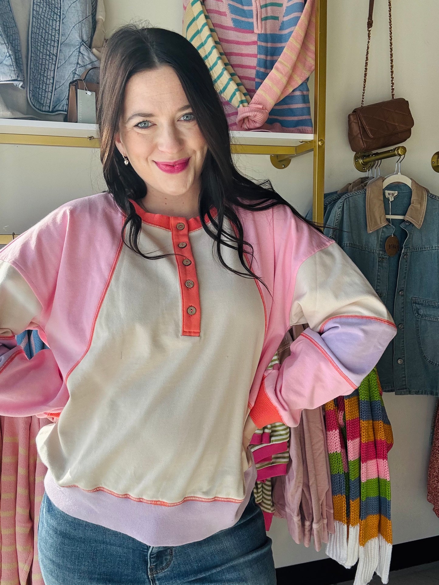 Sand & Coral Block Henley Pullover